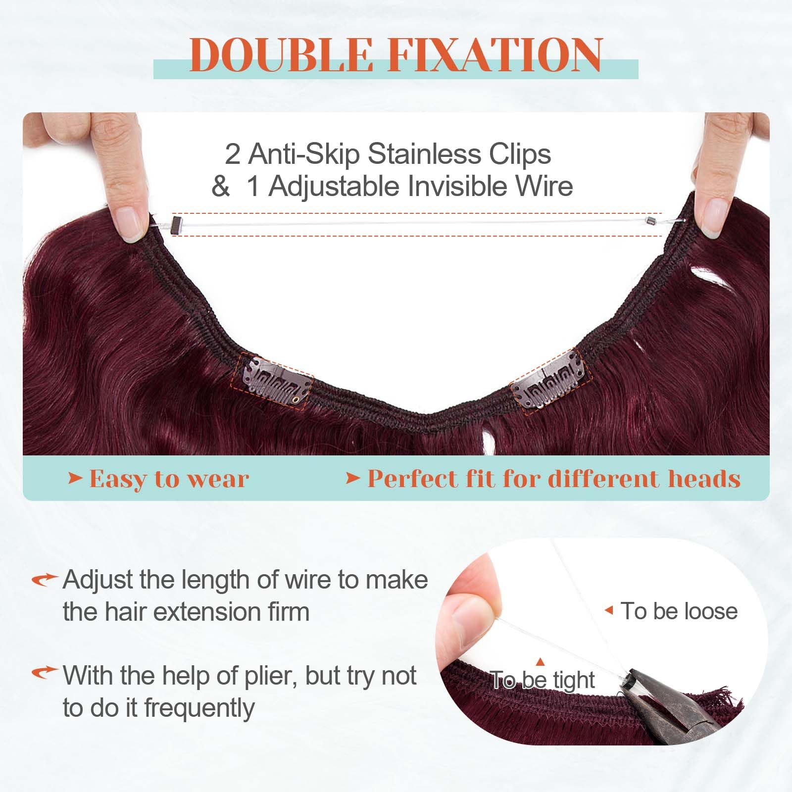 Benehair Halo Hair Extensions 100% Real Human Hair - Wavy & Curly Halo Extensions, 20inch Wine Red (70g) - Perfect for Weddings, Parties & Daily Styling
