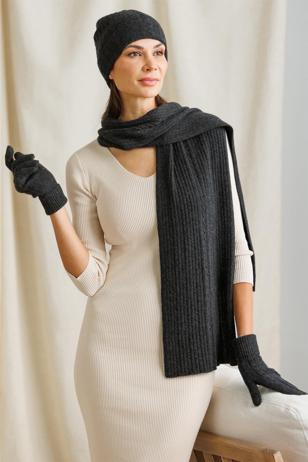 Fishers Finery Women's Pure Cashmere Cable Knit Hat, Gloves & Scarf Set - Winter Accessories Gift Box for Cold Weather, Outdoor Activities & Holiday Gifting