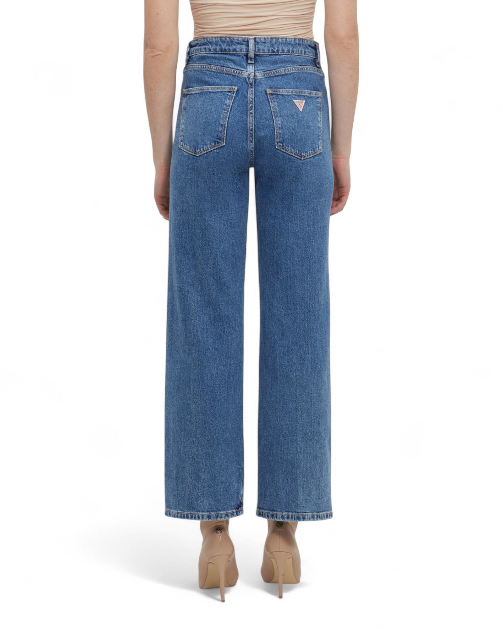 Blue Wide Leg Denim Jeans - Mid Wash Distressed Women's High Waisted Pants for Casual Outfits & Street Style