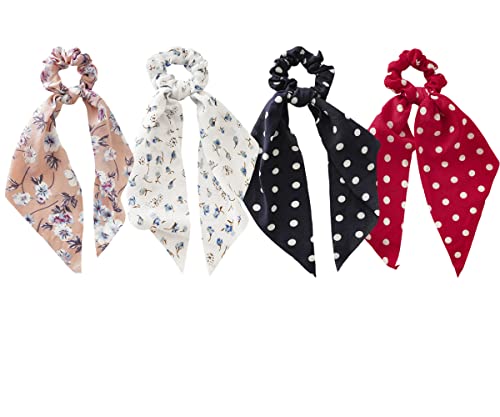 Yoknatt 4 Pack Floral & Polka Dot Hair Scrunchies - Soft Elastic Hair Bands for Women & Girls - Perfect for School, Work, Gym & Everyday Styling