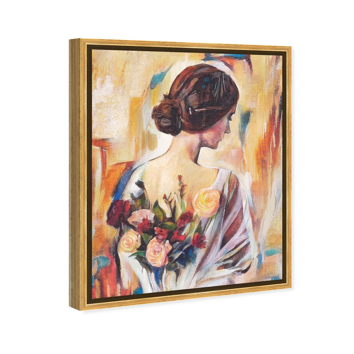 Modern White Framed Canvas Wall Art Print - Floral Back and Flowers Design for Women, Elegant Home Decor for Bedroom, Living Room & Office