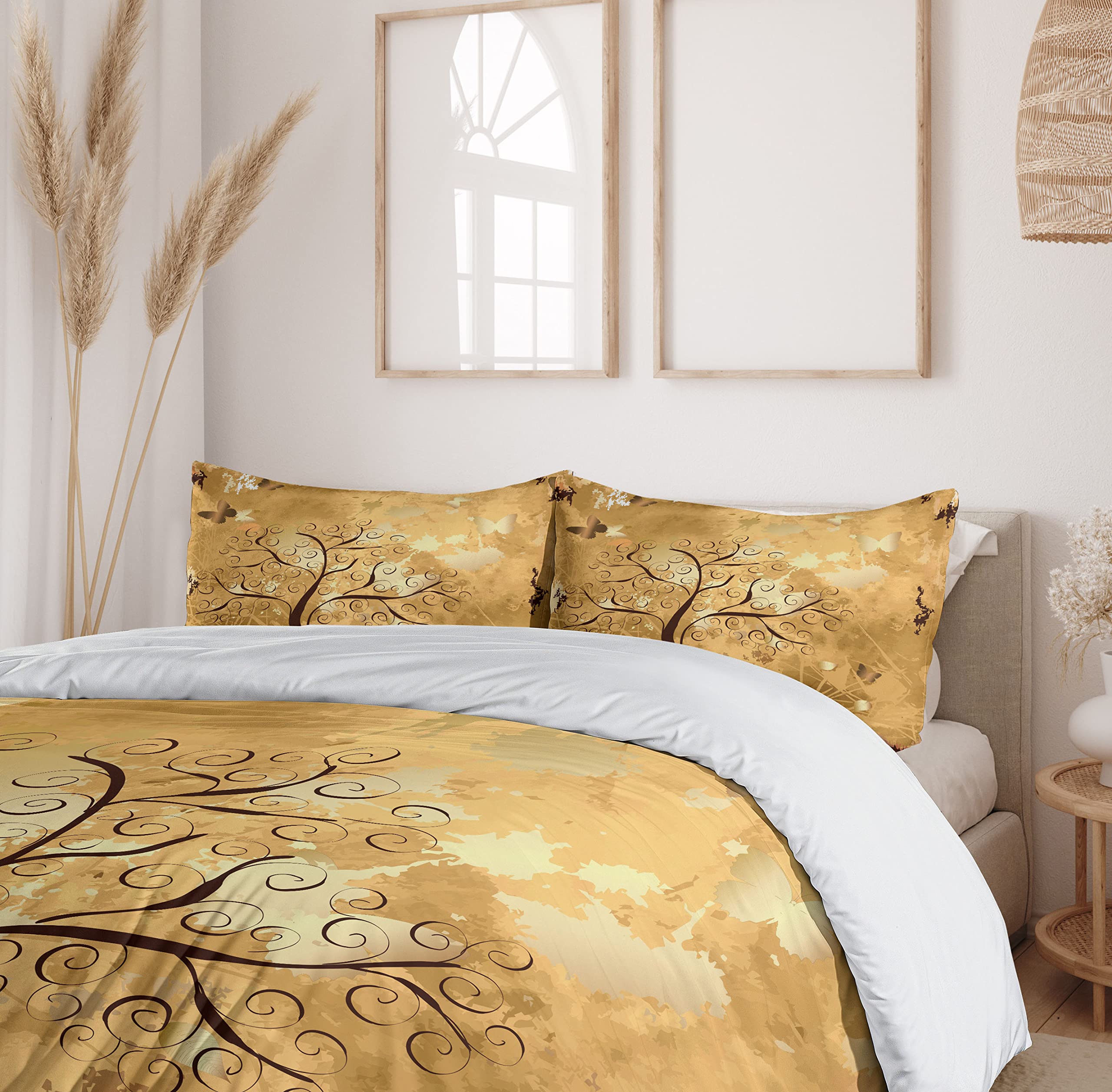Ambesonne Tree Duvet Cover Set King Size - Grunge Style with Swirled Branches & Butterfly Silhouettes - 3 Piece Bedding Set Includes 2 Pillow Shams in Brown & Pale Brown - Perfect for Bohemian Bedroom Decor & Nature-Inspired Home Styling