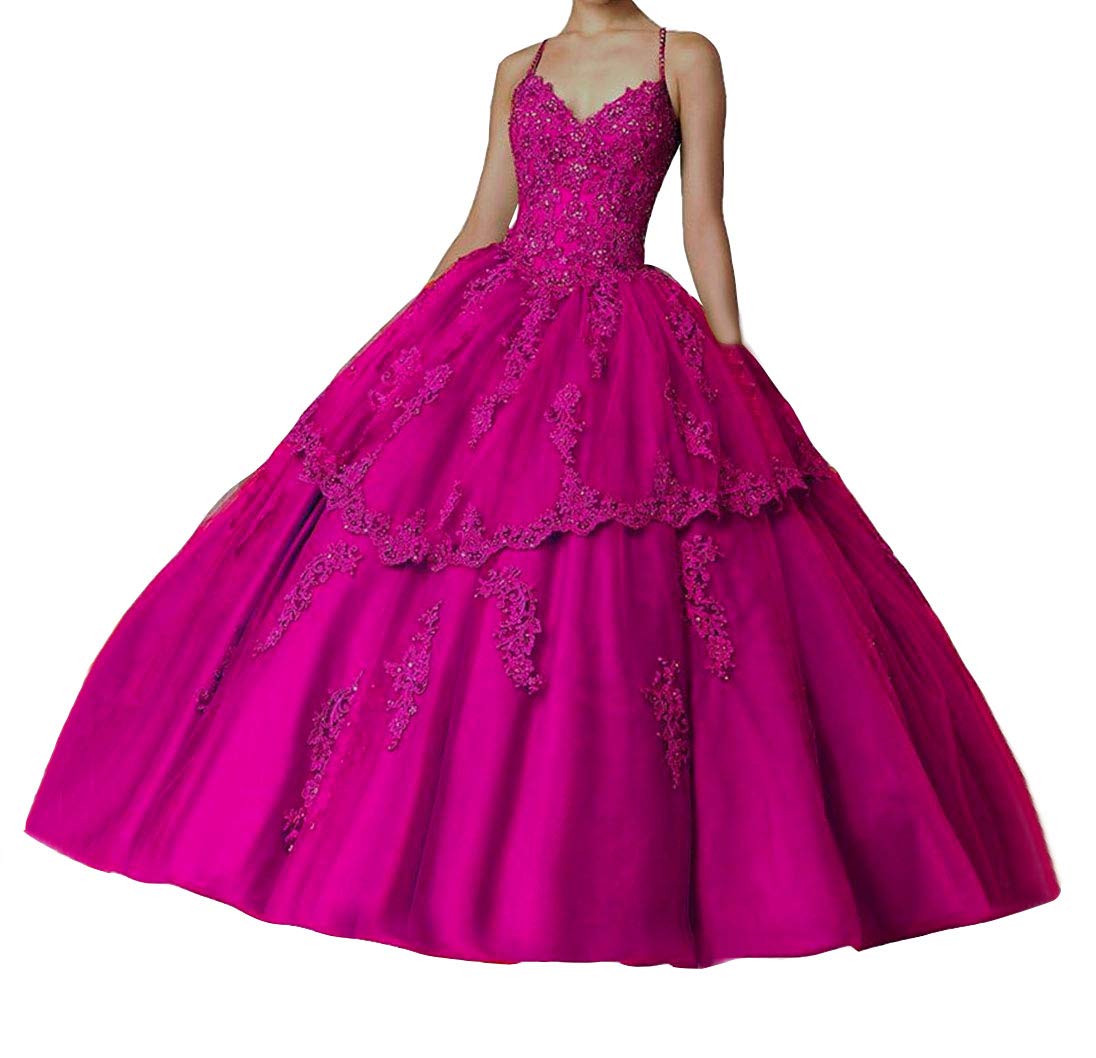 Emanni Women's Sweetheart Quinceanera Dress with Lace Appliques & Crystal Details - Fuchsia Ball Gown for Sweet 16, Prom, Quinceañera & Formal Events