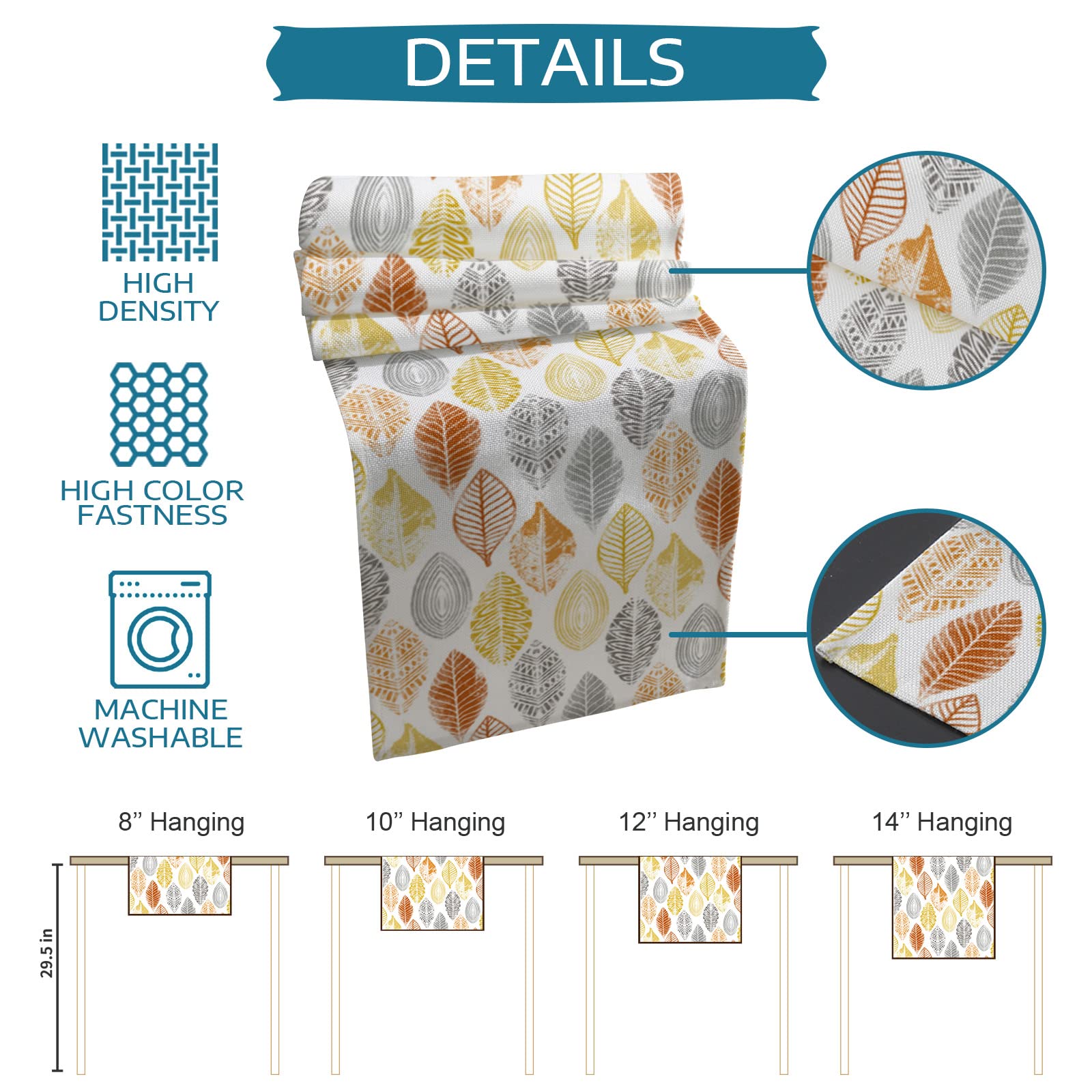 90 Inch Cotton Linen Table Runner - Orange Yellow Grey Leaf Pattern Kitchen Dining Decor | Farmhouse Style for Coffee Tables, Weddings, Banquets & Seasonal Home Decor (Summer/Fall)