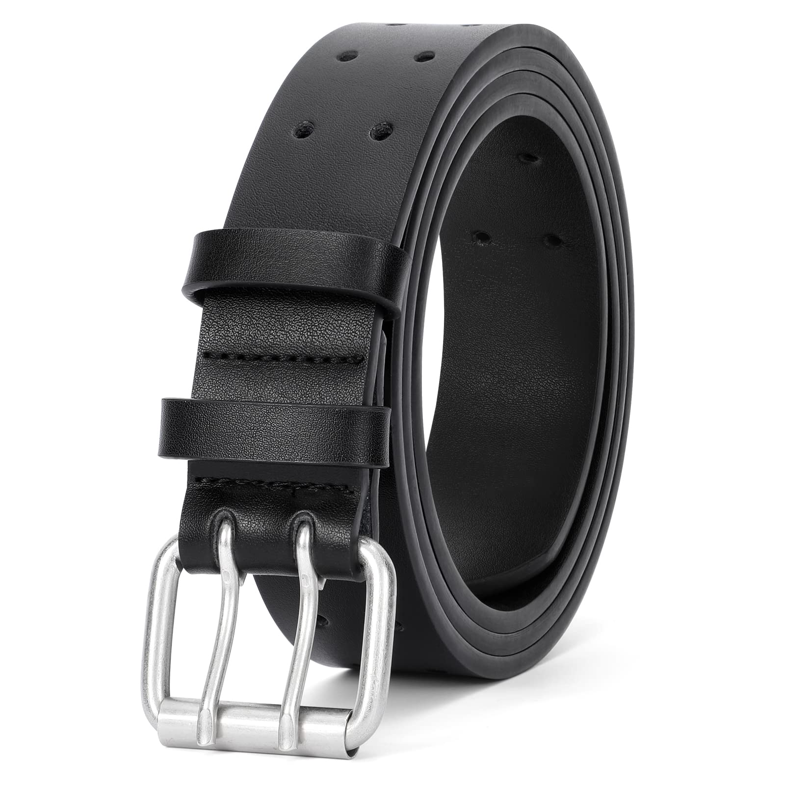 JASGOOL Men's Double Prong PU Leather Belt - Heavy Duty Casual Work Belt with Double Grommet Holes for Jeans | Perfect for Office, Business, and Everyday Wear