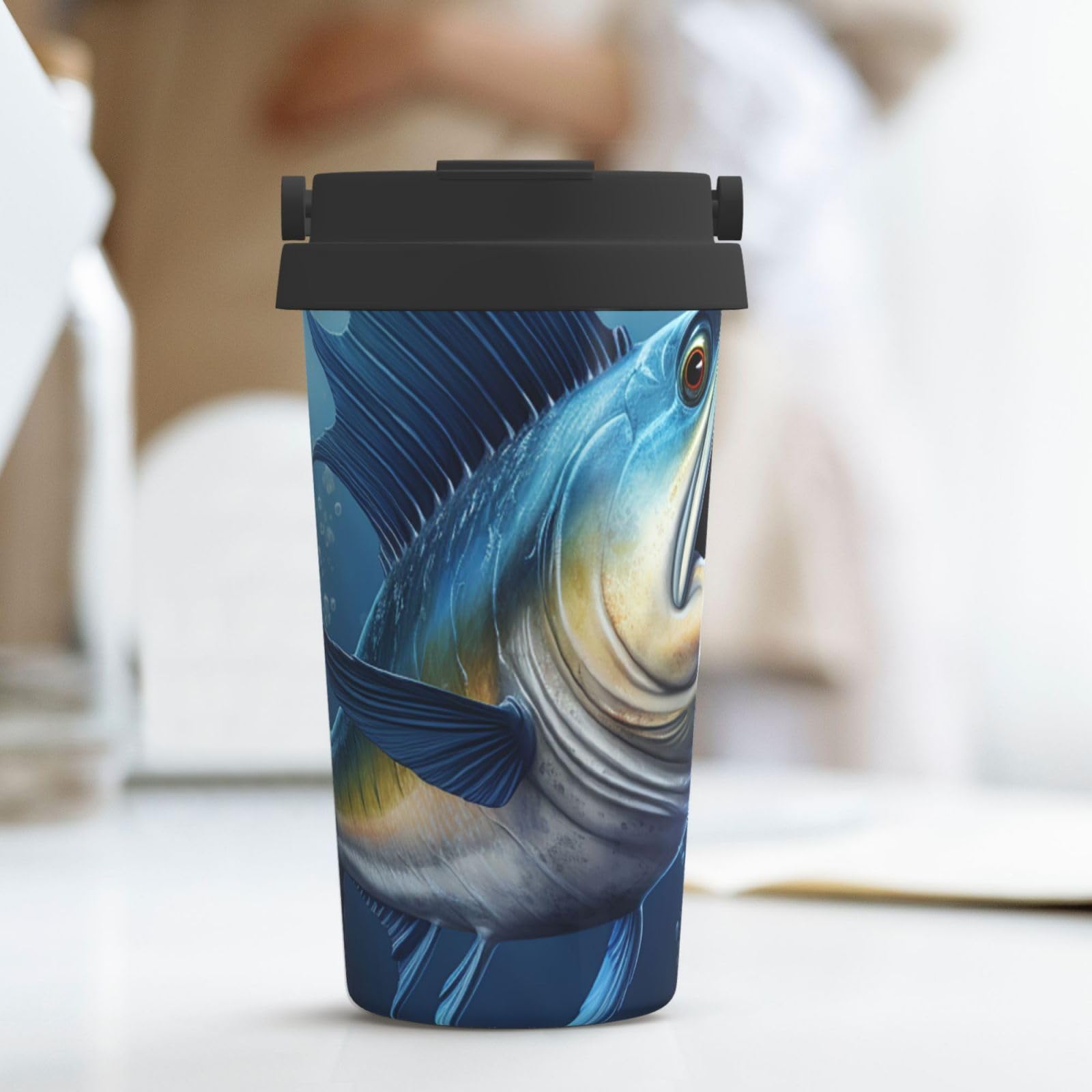 GFLFMXZW Stainless Steel Insulated Coffee Mug with Lid - 20oz Vacuum Insulated Travel Tumbler, Double Wall Thermal Cup for Hot & Cold Drinks - Perfect for Office, Commuting, Camping & Outdoor Activities (Blue Fish Design)