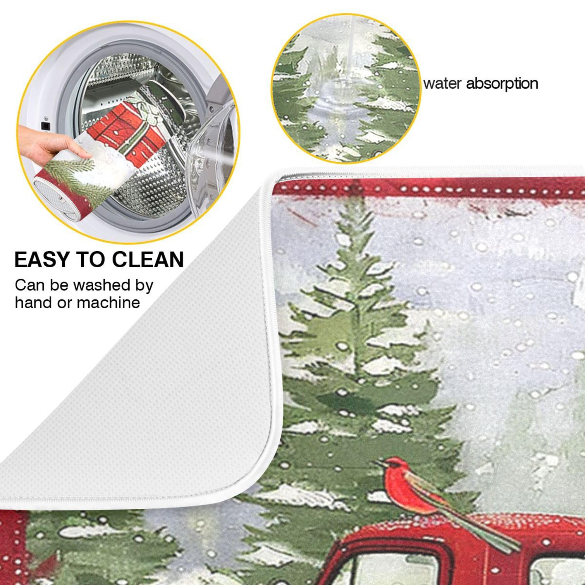 Christmas Red Truck Snowman Dish Drying Mat 16x18 Inch - Absorbent Fast Dry Kitchen Accessories for Winter, Xmas Tree & Snowflake Decor | Perfect for Holiday Dish Drainer Rack, Cardinal Bird Themed Kitchens & Festive Entertaining