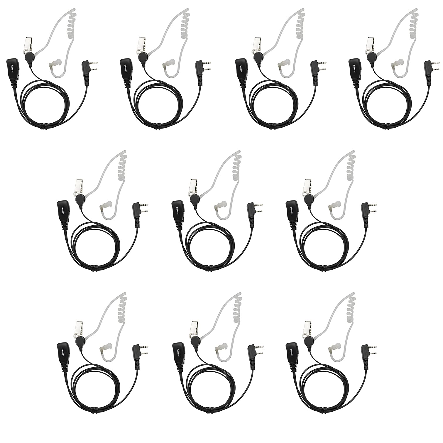 10 Pack Walkie Talkie Earpiece with Microphone - 2 Pin Acoustic Tube Headset for Kenwood BF-888S, UV-5R, Retevi H-777, RT22, Puxing & Wouxun Radios - Ideal for Security, Construction, Warehouse & Outdoor Activities
