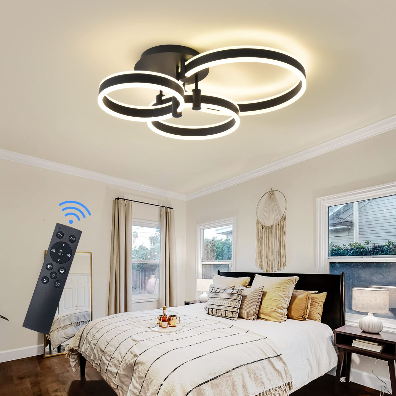 Modern LED Ceiling Light 85W - Ultra Bright Dimmable Black Acrylic Flush Mount Fixture with Remote Control | 3-Ring Design 3000K-6000K Color Temperature | Perfect for Kitchen, Bedroom, Living Room Lighting