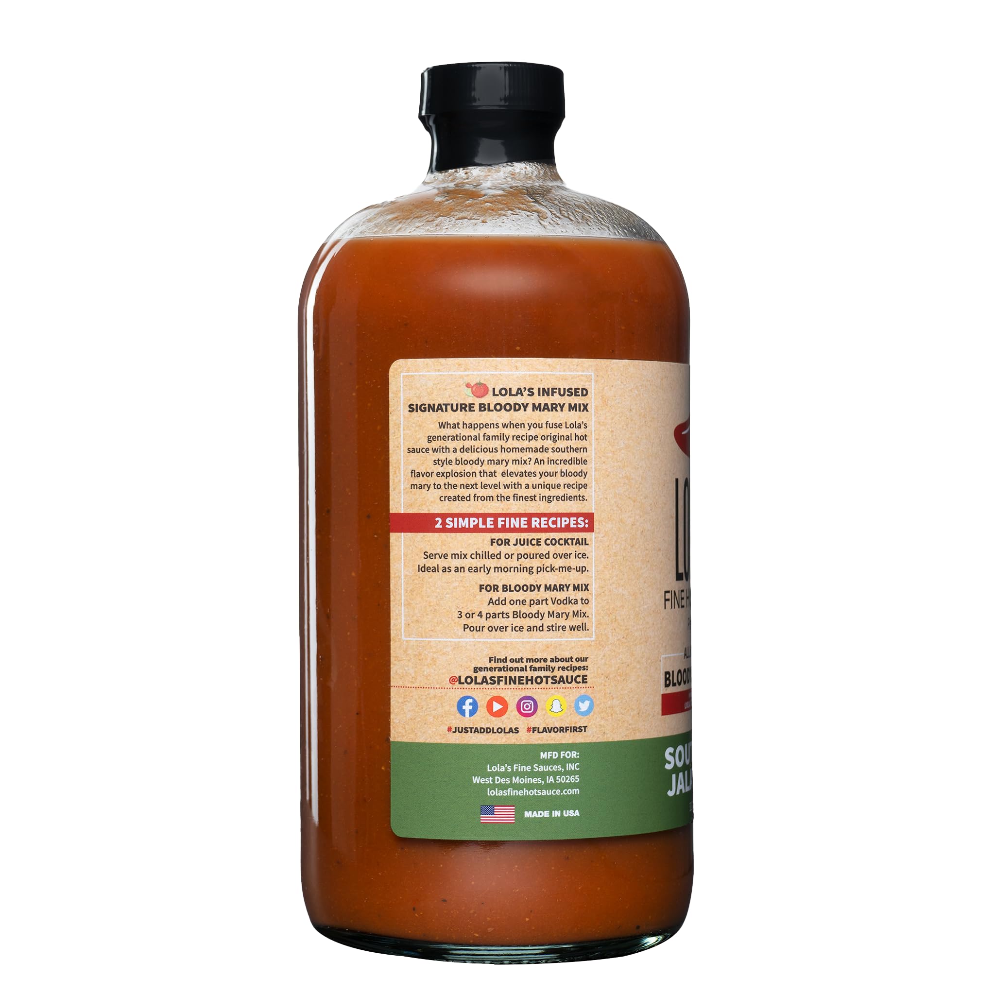 Lola's Southern Jalapeno Bloody Mary Mix 32 oz - All Natural Gluten Free Hot Sauce Infused Cocktail Mixer | Handcrafted Spicy Bloody Mary Drink for Brunch, Parties & Home Bars | Perfect for Entertaining & Gifting