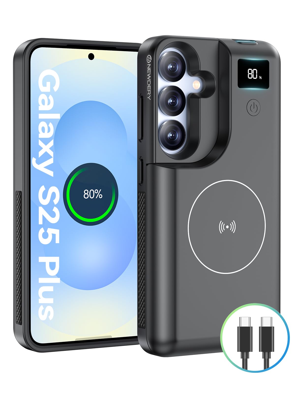 NEWDERY 10000mAh Battery Case for Samsung Galaxy S25 Plus (6.7 Inch) - Portable Charger with LED Display, Qi Wireless Charging & 20W USB-C Fast Charging | Sync Data Support | Perfect for Travel, Work & Outdoor Activities (Black)
