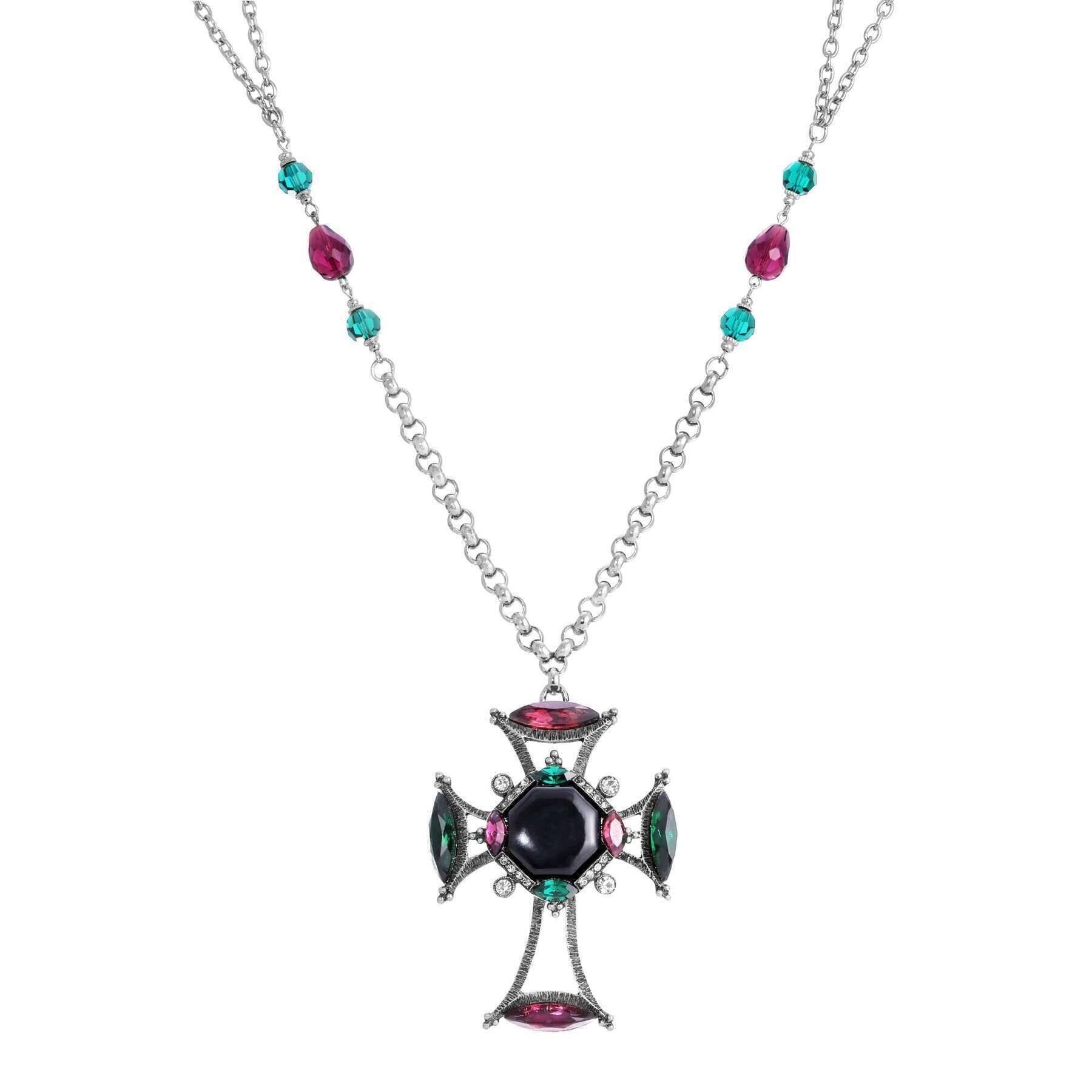 1928 Jewelry Monarch Emerald & Amethyst Crystal Black Octagon Stone Cross Pendant Necklace - 30 Inch Chain, Gothic Jewelry for Women, Perfect for Church, Weddings & Special Occasions