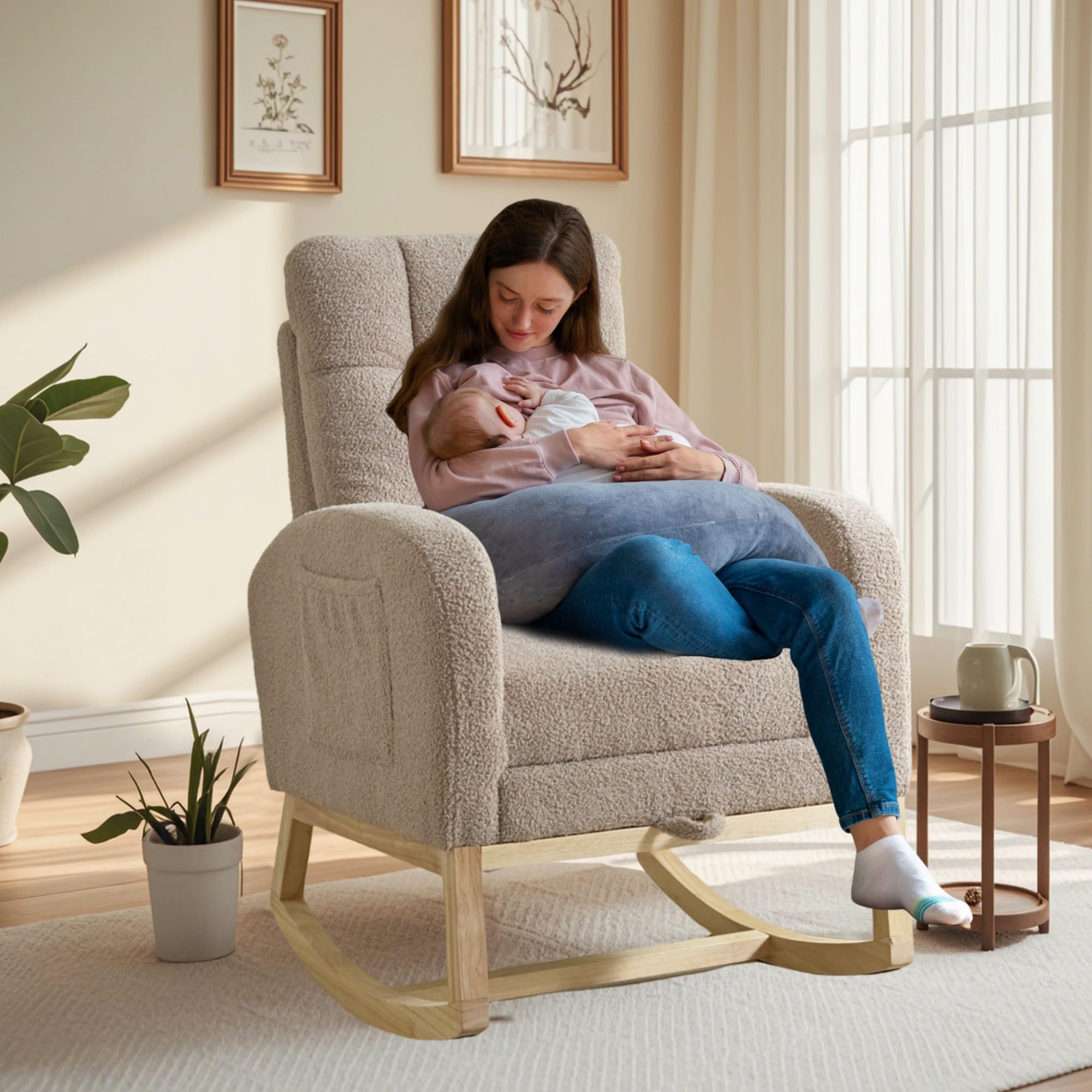 **Adjustable Nursery Rocking Chair with Footrest – Solid Wood Legs, Teddy Fabric, High Backrest & Side Pockets – Comfortable Lounge Armchair for Living Room, Nursery, or Bedroom (Light Coffee)**    *(Perfect for nursing, reading, relaxing, or as a stylish accent chair in your home decor.)*