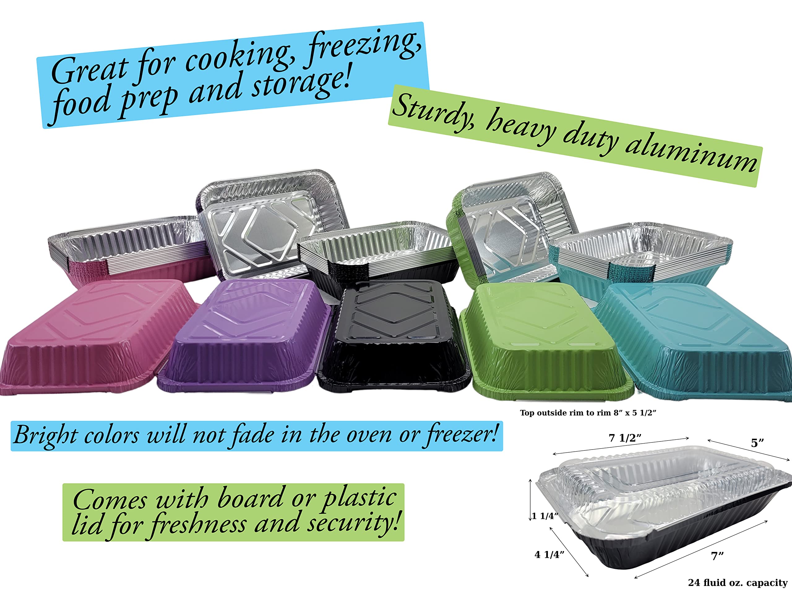 KitchenDance 1.5 LB Colored Aluminum Foil Oblong Pans with Plastic Lids - Durable Shallow Foil Containers for Cooking, Baking, Freezing & Food Storage - Perfect for Restaurants, Catering, Meal Prep & Home Kitchens (6417P)