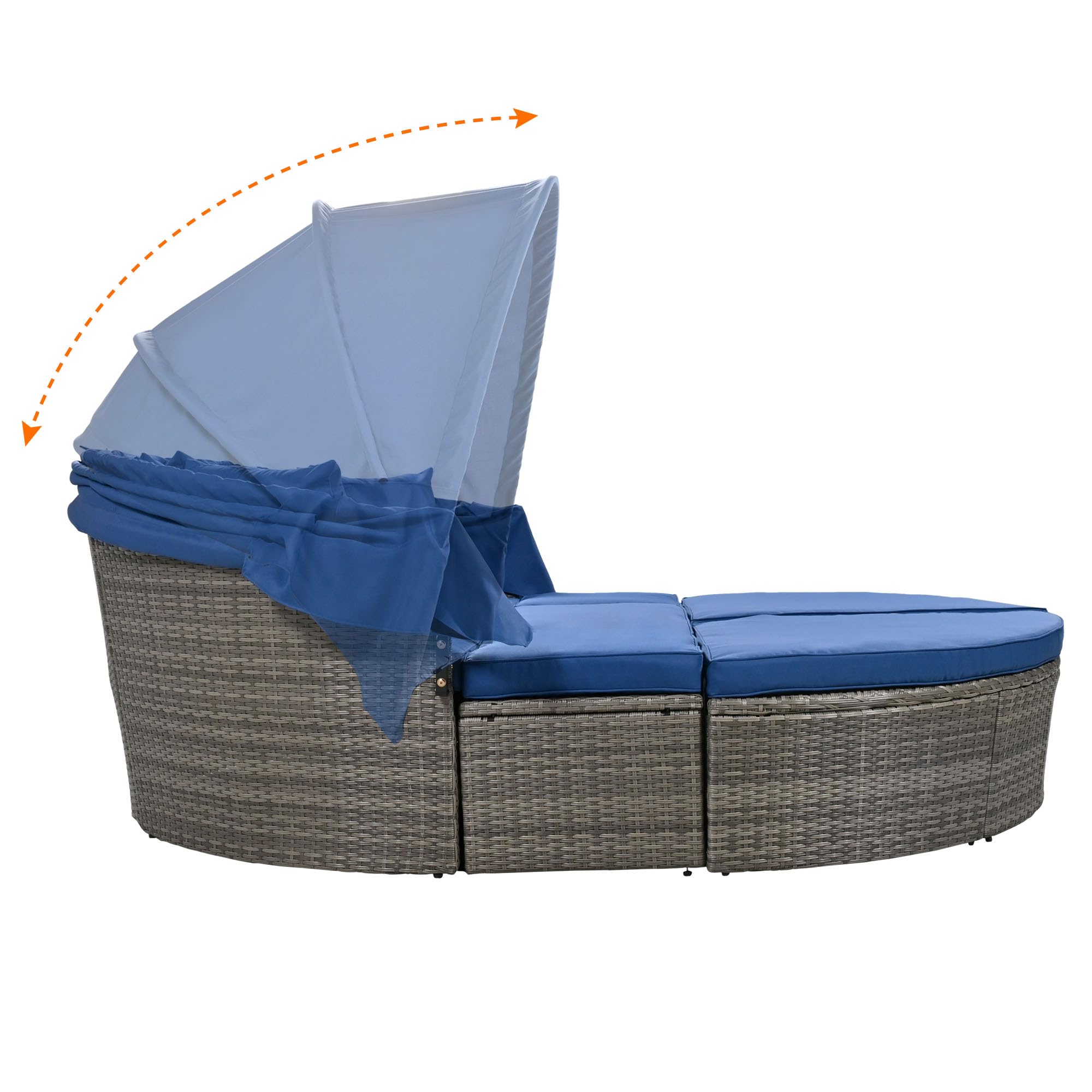 6-Piece All-Weather PE Rattan Patio Furniture Set with Retractable Canopy - Outdoor Round Daybed Sectional Sofa Conversation Set in Blue | Perfect for Backyard, Poolside & Garden Relaxation