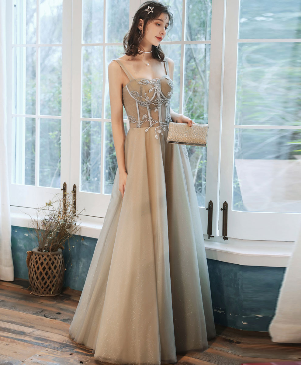 Elegant Champagne A-Line Long Prom Dress for Women - Formal Graduation Gown - Perfect for Homecoming, Evening Parties & Special Occasions