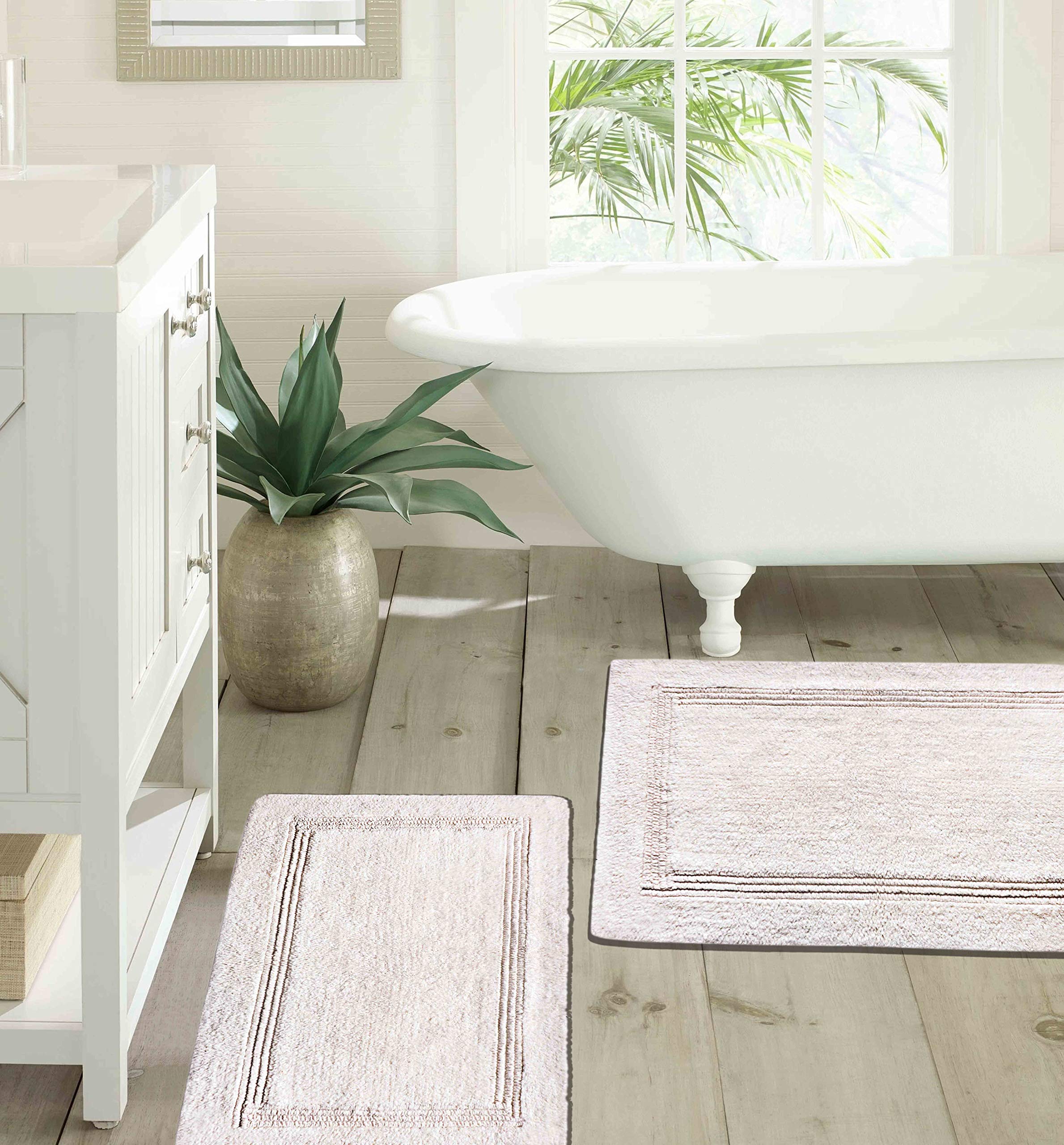 Luxury Reversible Cotton Bath Rug - Super Soft & Machine Washable - Water Absorbent Floor Mat for Bathroom, Shower, Spa, Vanity, Kitchen & Bedroom - Woven St. Design (Ivory Lewis, 17