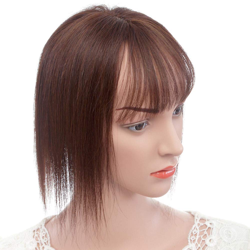Silky Straight Human Hair Topper Clip-in Wiglet with 3D Wispy Fringe - 35cm Brown | Natural-Looking Hair Extension for Thinning Hair & Instant Volume | Perfect for Daily Wear, Parties & Special Occasions