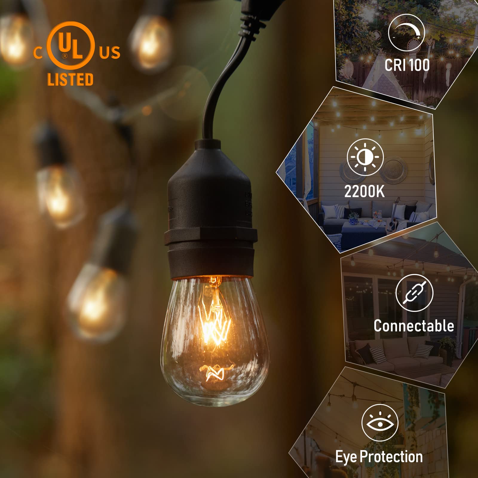 48FT Outdoor String Lights - Waterproof Patio Lights with 15 Edison Bulbs, Heavy Duty Strand for Garden, Cafe, Bistro & Porch Decor | 11W Warm White LED Hanging Lights for Outdoor Parties, Weddings & Backyard Ambiance
