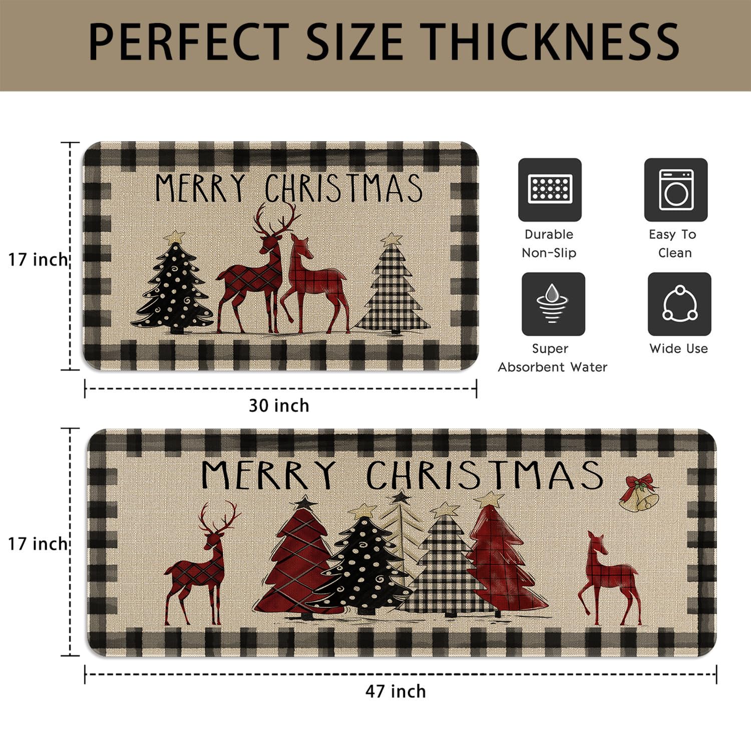 Faptoena Christmas Kitchen Rugs and Mats Set of 2, Non-Slip Waterproof Christmas Tree Floor Mat, Holiday Runner Rug for Sink, Laundry Room, Entryway, and Winter Home Decor
