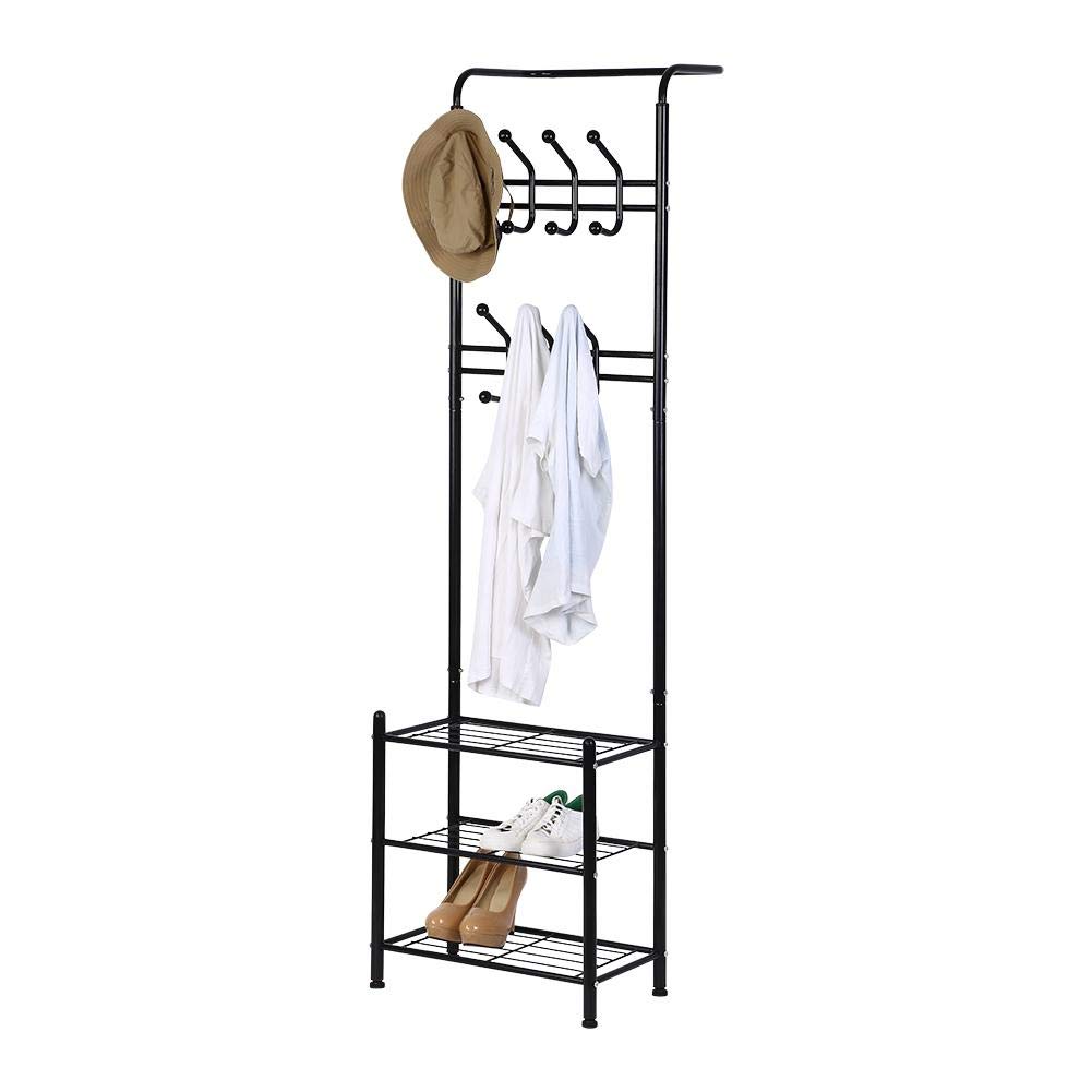 Simlug Free Standing Coat Rack with 14 Hooks & 3-Tier Shoe Storage - Sturdy Metal Entryway Organizer for Hats, Jackets, Bags & Shoes | Perfect for Hallway, Bedroom, Office & Dorm Organization