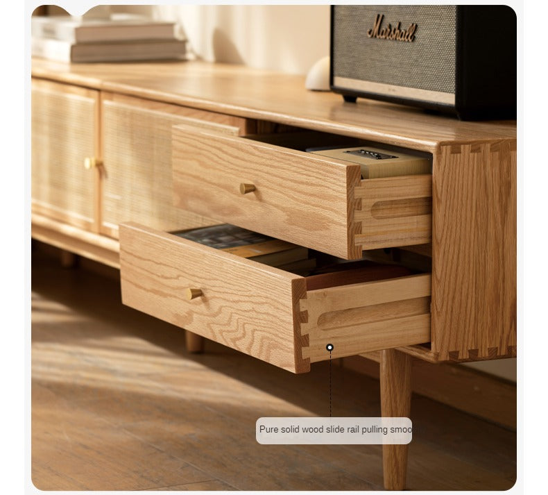 Solid Oak Wood TV Stand with Rattan Doors - Stylish Media Console for Living Room, Bedroom, or Home Theater