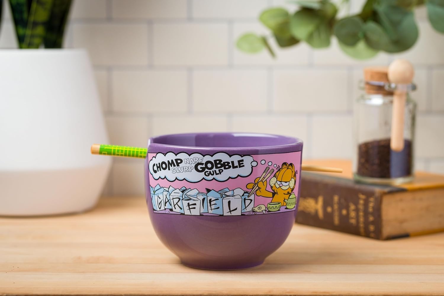 Garfield Eating Takeout Ceramic Ramen Noodle Bowl - 20oz Microwave Safe Rice Bowl with Chopsticks - Perfect for Anime Fans, Asian Cuisine & Home Dining