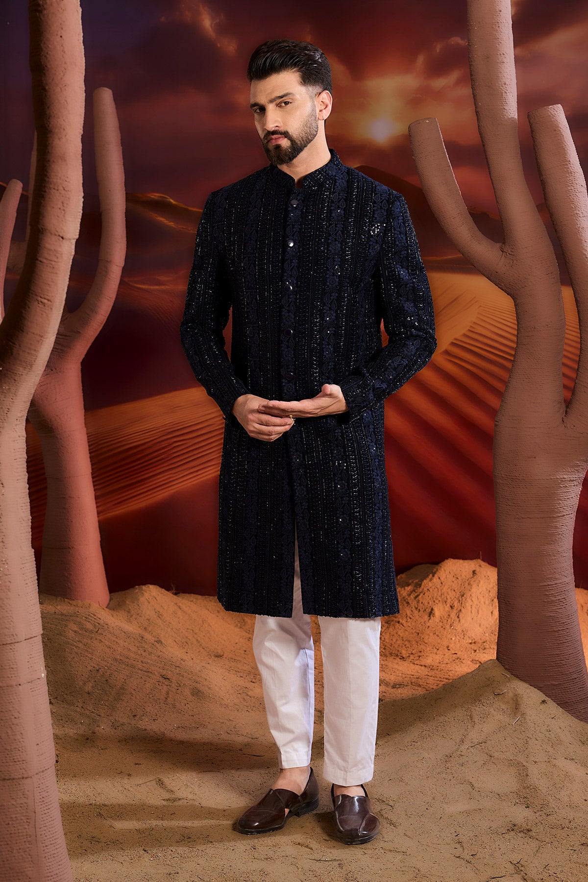 Elegant Navy Blue Sherwani for Men - Traditional Indian Wedding Attire with Intricate Cut Dana Embroidery - Perfect for Weddings, Festivals & Special Occasions
