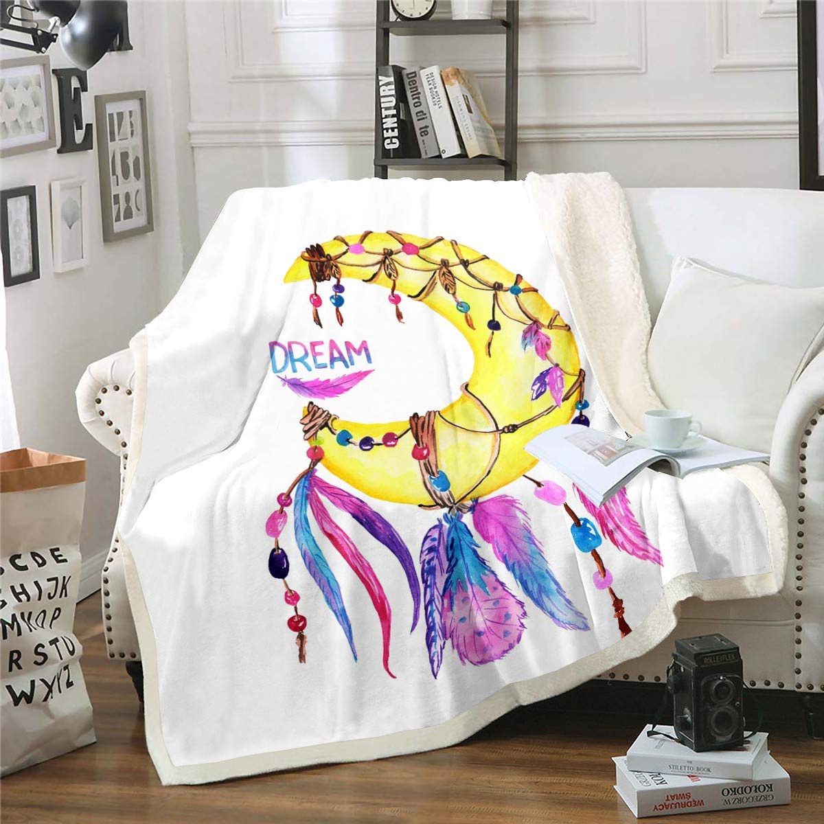 Boho Dream Catcher Plush Fleece Throw Blanket - 50x60 Inch Soft Sherpa Blanket with Tribal Moon & Feather Design for Kids, Teens, Boys & Girls - Perfect for Bedroom Decor, Sofa Throw, and Cozy Winter Nights