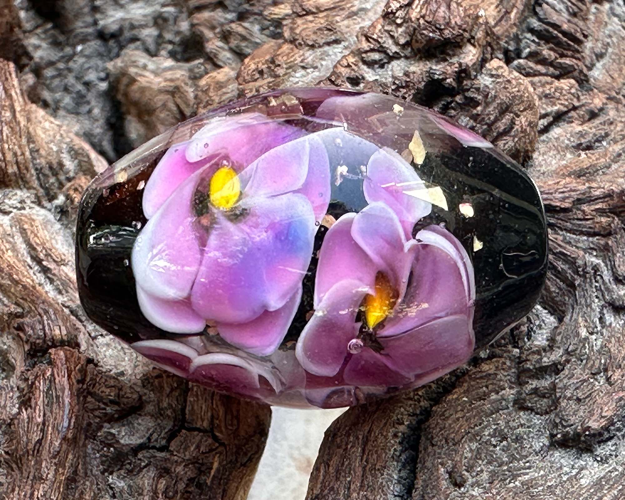 Purple Floral Mica Lampwork Glass Focal Bead for Jewelry Making - DIY Necklace, Bracelet, Earrings Craft Supplies - Perfect for Bohemian Style Accessories and Handmade Gifts