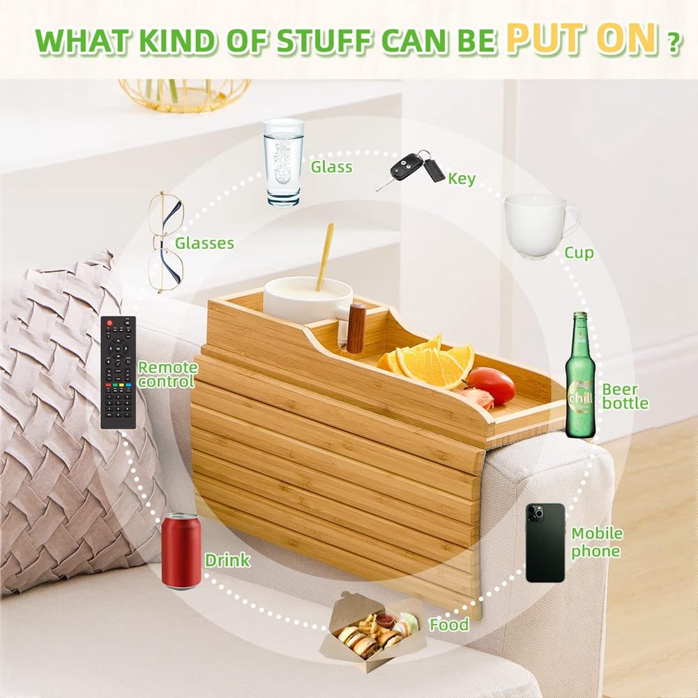 Natural Bamboo Couch Cup Holder - Portable Drink Holder & Armrest Tray for Sofa | Easy-to-Use Side Table for Living Room, Bedroom & Home Theater Relaxation