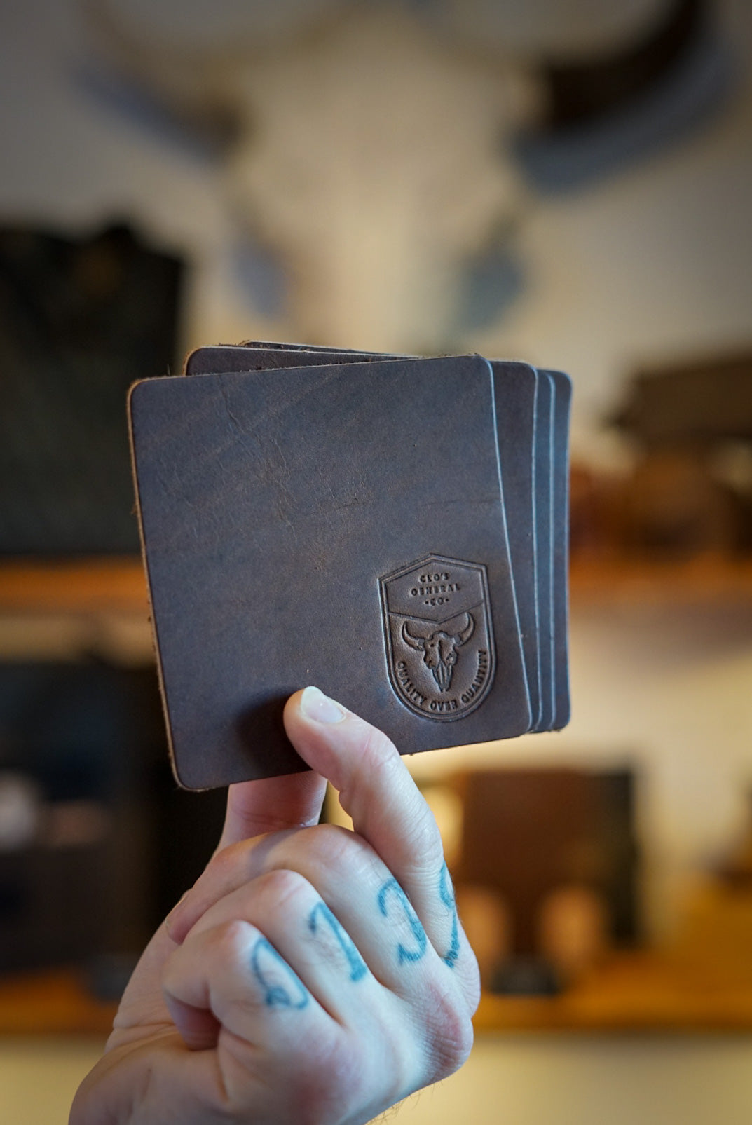 Premium Square Leather Coasters - Dark Amber Harness Bison Hide for Home & Office Use - Protect Furniture in Style