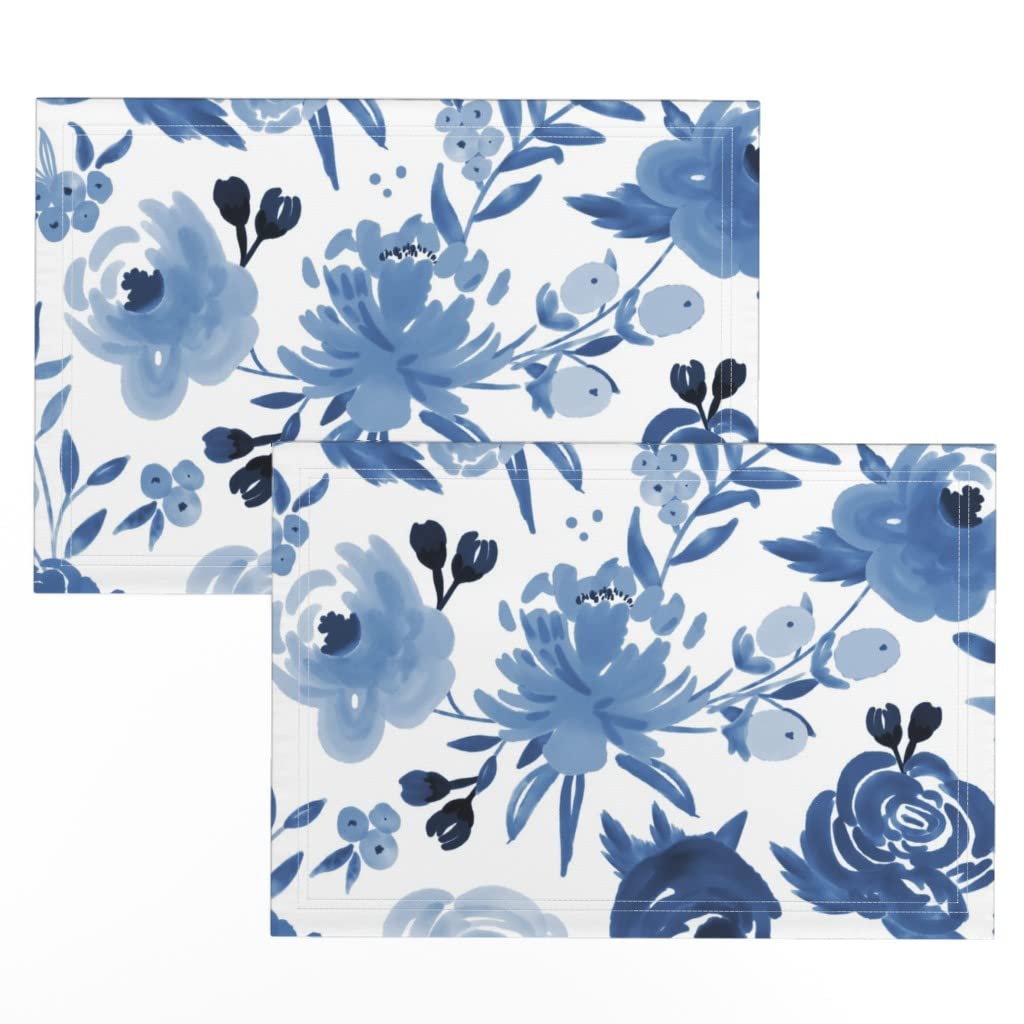 Spoonflower Linen Cotton Canvas Placemats Set of 2 - Large Blue Monochrome Watercolor Floral Botanical Print Table Mats for Dining Room Decor, Kitchen Table Setting & Home Entertaining