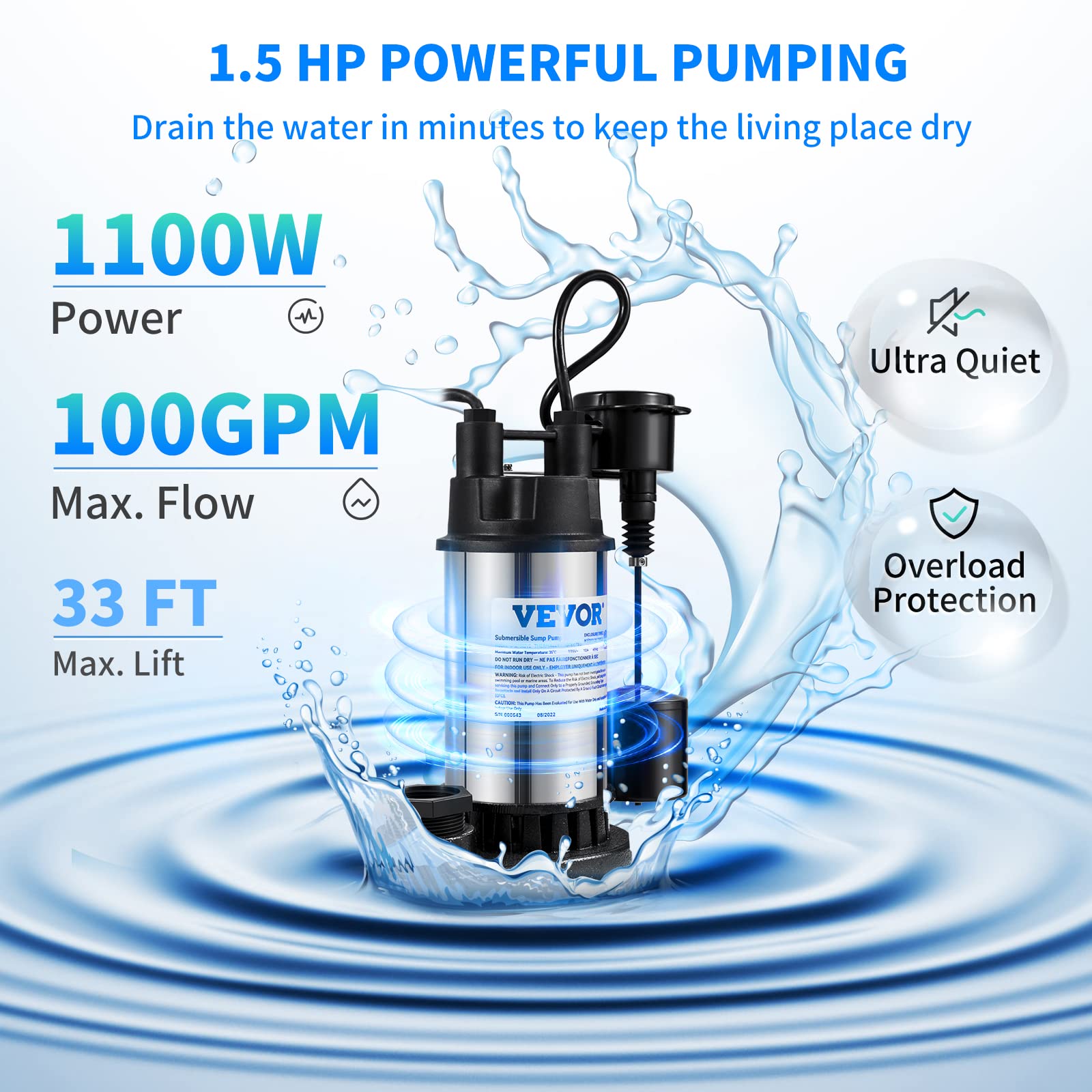 VEVOR 1.5 HP Submersible Sump Pump 6000 GPH - Cast Iron & Steel Construction with Vertical Float Switch - Heavy Duty Water Pump for Basement, Flooding Areas, Crawl Spaces & Emergency Water Removal