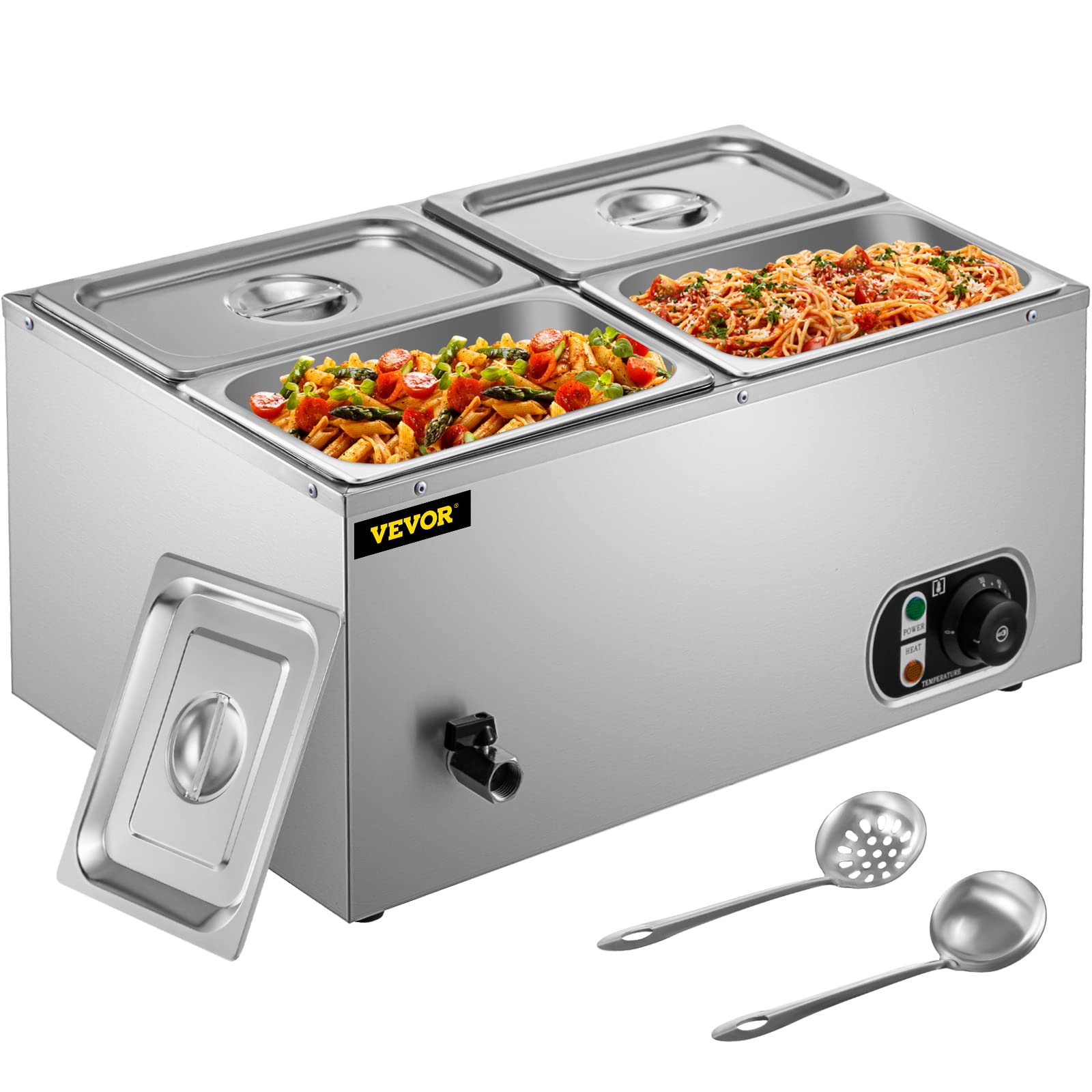 VEVOR 110V Commercial Food Warmer | 4-Pan Stainless Steel Bain Marie with 14.8 Qt Capacity | 1500W Electric Steam Table (6-Inch Deep) | Perfect for Restaurants, Catering & Buffets - Keep Soups, Sauces & Dishes Warm for Serving