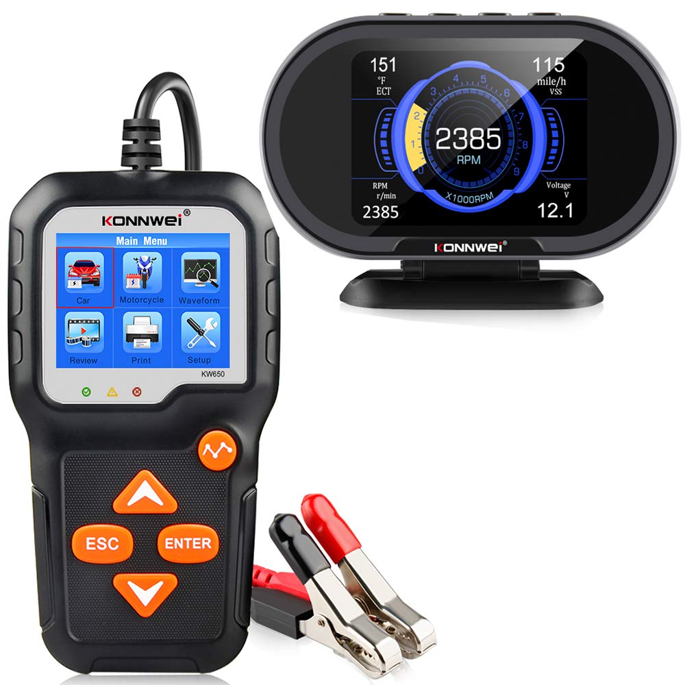 KONNWEI KW650 Car Battery Tester & KW206 HUD Gauge - Digital Voltage Monitor for Vehicle Diagnostics & Driving Assistance (Perfect for Mechanics & DIY Car Maintenance)