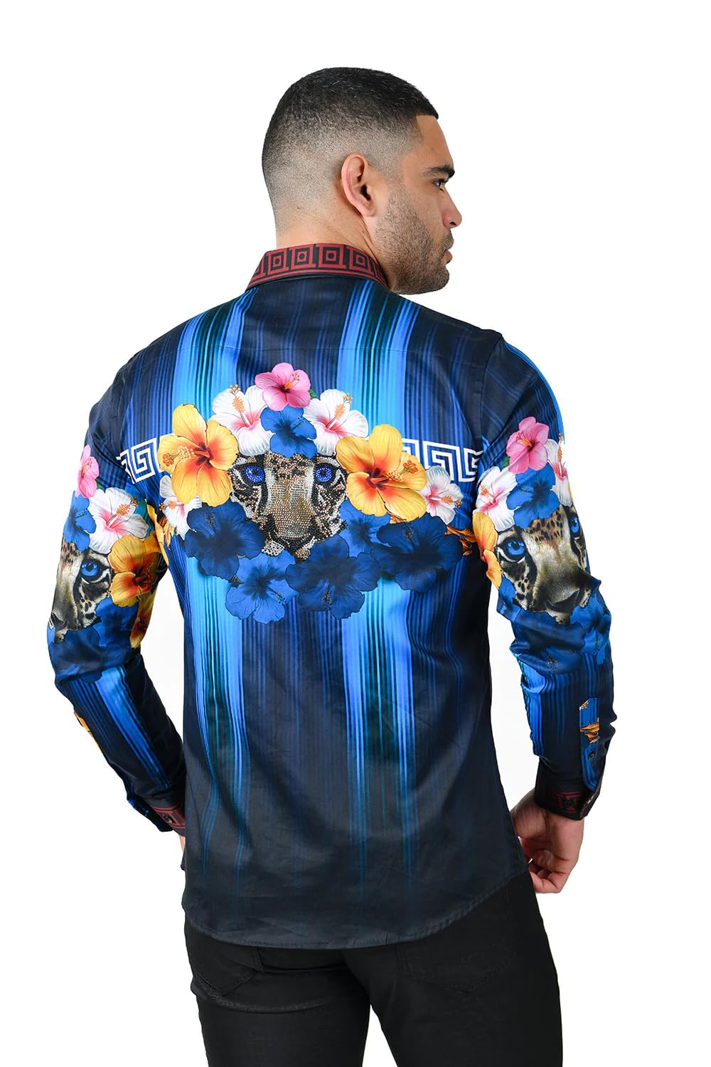 Barabas Men's Rhinestone Floral Tiger Greek Pattern Shirts - Stylish Casual Button Down Shirt for Party, Club & Night Out - SPR612