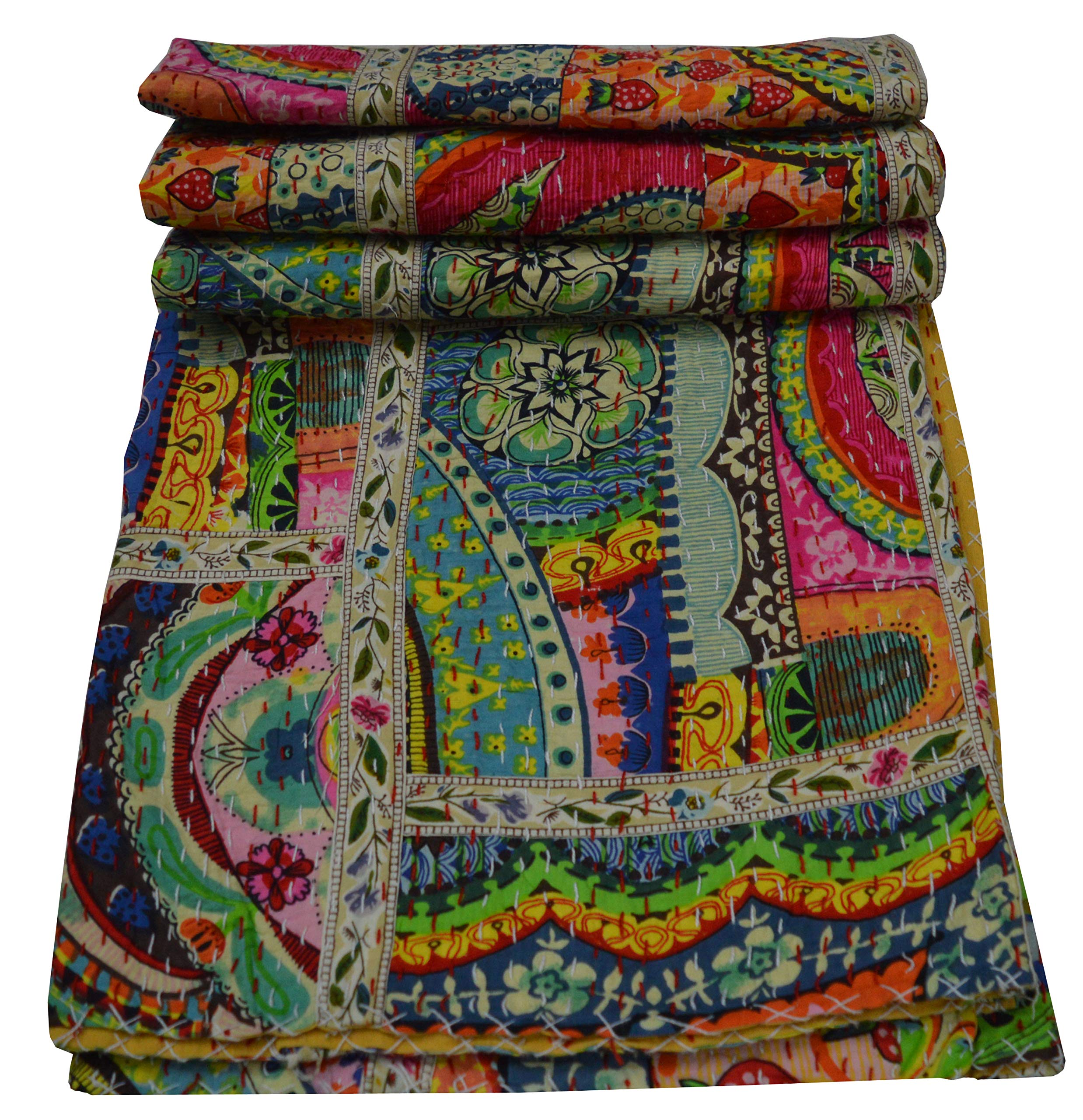 Handmade Indian Traditional Patchwork Kantha Quilt - 100% Cotton Printed Bedspread, Twin Size 90x60 Inch, Multi-Color AC Blanket for Cozy Bedroom Decor | Perfect for Home, Dorm & Gift Giving