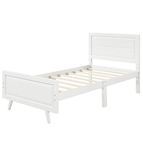 White Wood Twin Bed Frame with Headboard & Support Slats - Sturdy Platform Bed Foundation for Kids Room, Guest Bedroom & Small Spaces
