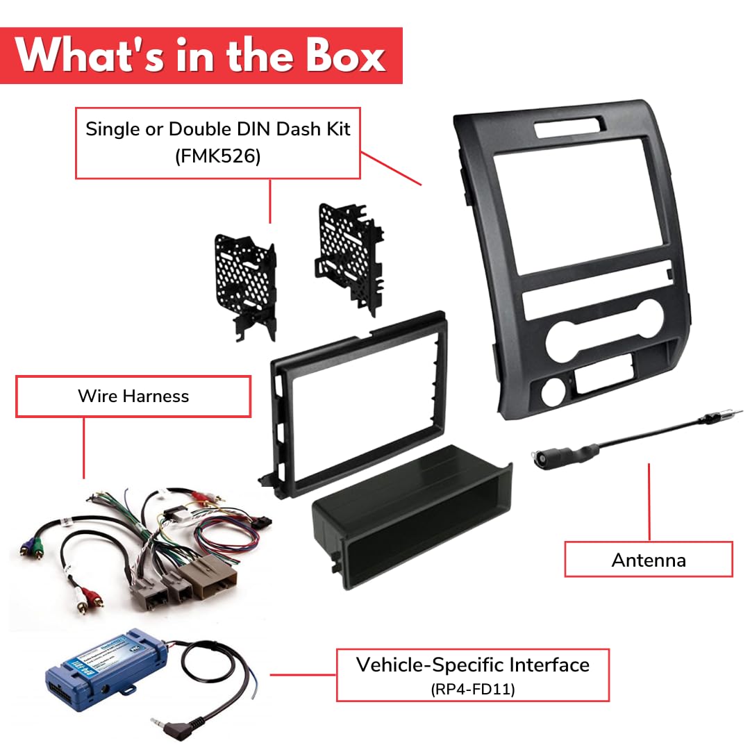 2009-2014 Ford F-150 Single/Double DIN Dash Kit with Antenna Adapter & Wiring Harness - Compatible with All Trim Levels (Black, Steering Wheel Controls) - Perfect for Car Stereo Installation & Audio System Upgrades