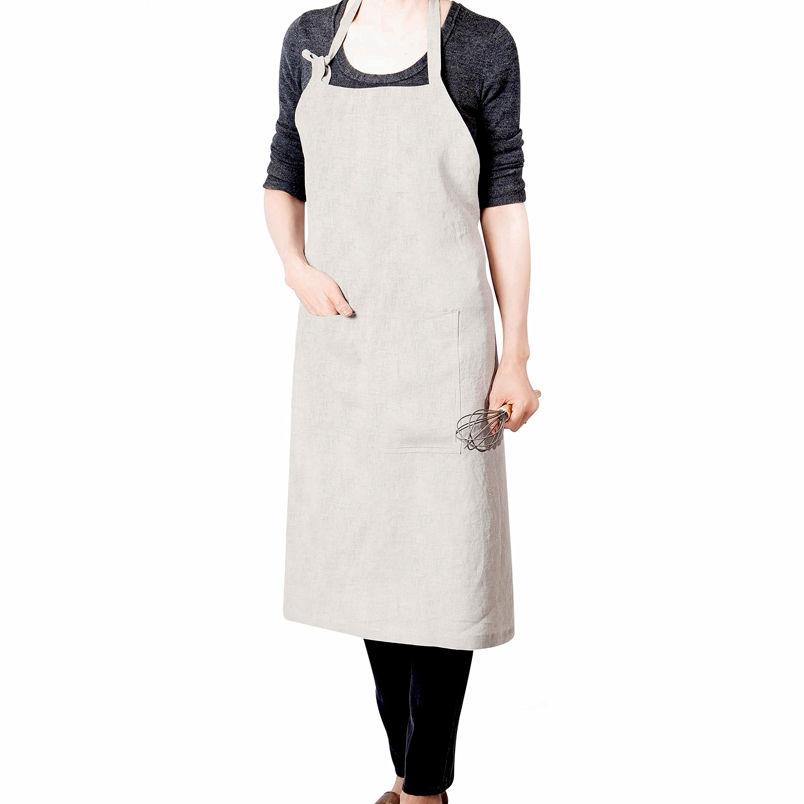 Stonewashed 100% French Linen Apron - Adjustable Waist with Pockets for Women & Men - Natural Linen Kitchen Apron - Perfect for Cooking, Baking, BBQ & Home Decor