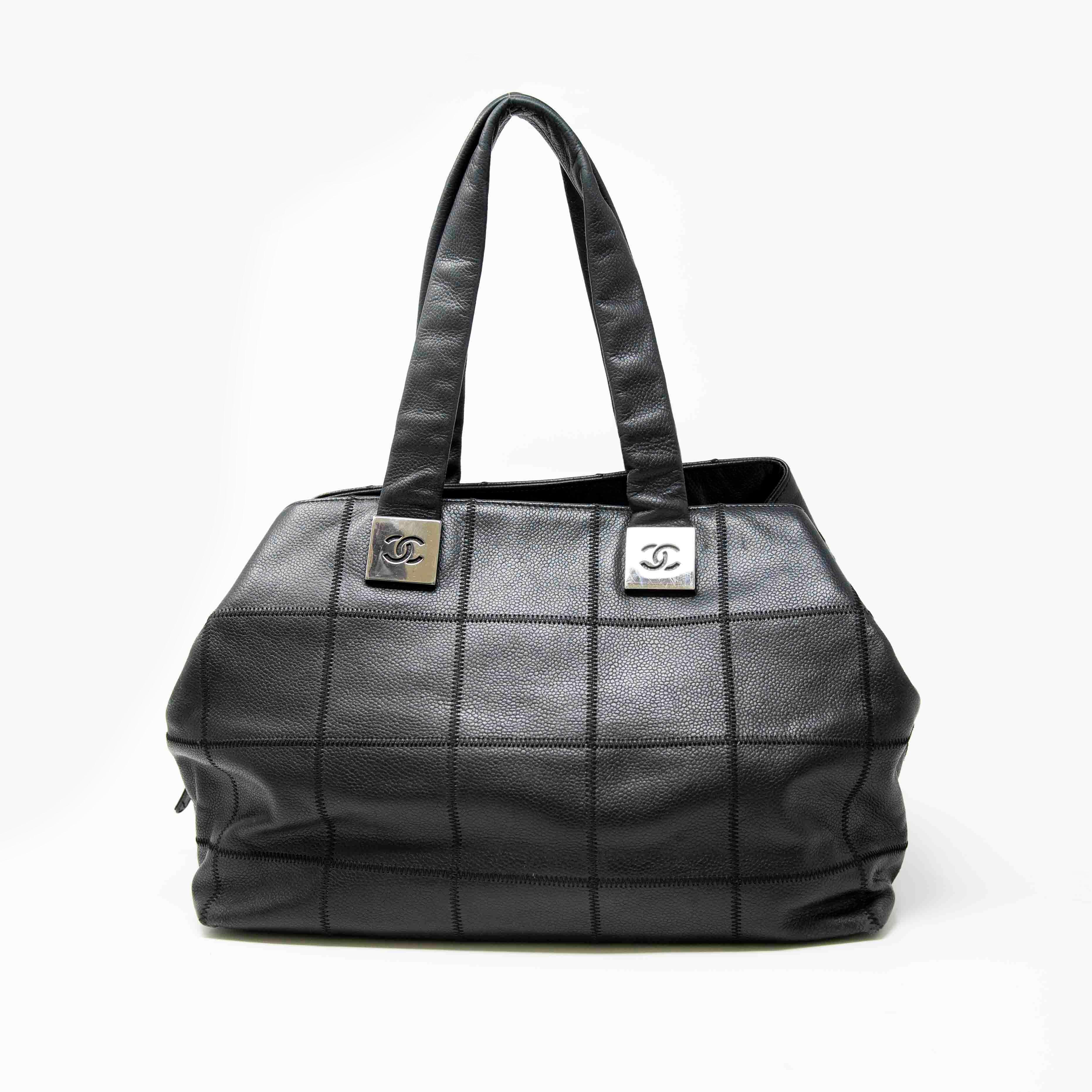 Chanel Black Choco Bar Stitched Leather Tote Bag for Women - Luxury Designer Handbag for Work, Travel & Everyday Use