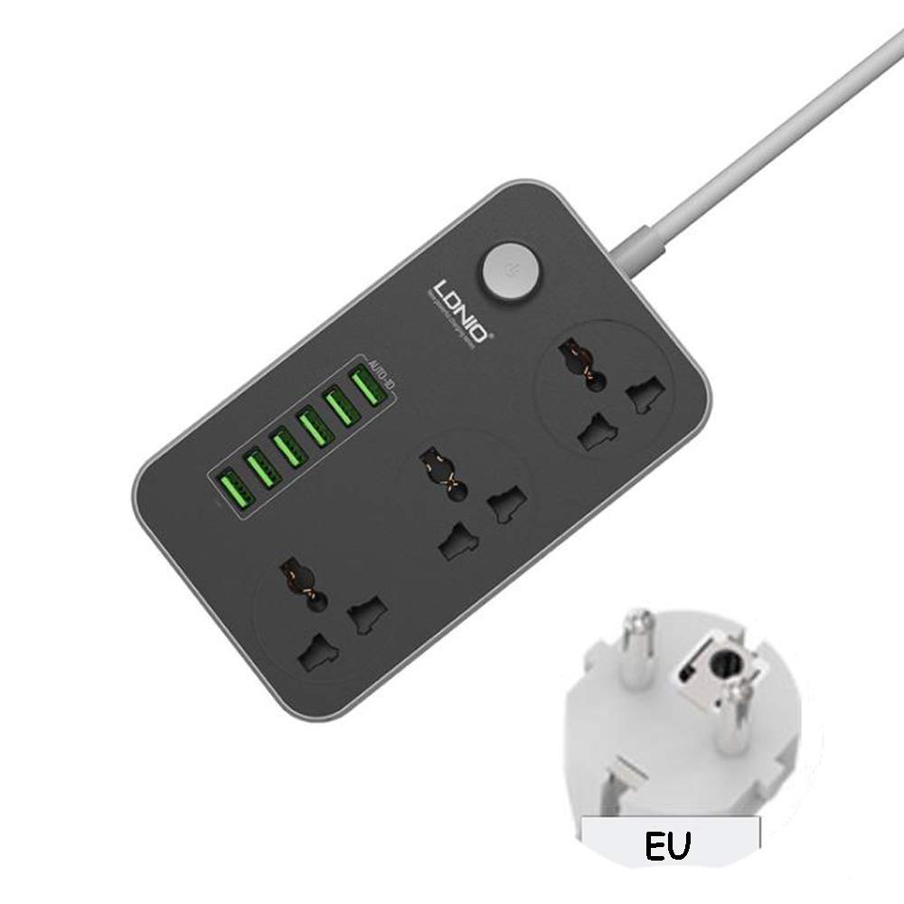Universal Power Strip with 3 Outlets & 6 USB Ports - 2m Extension Cord with EU Plug for Home, Office & Travel Charging Multiple Devices Simultaneously