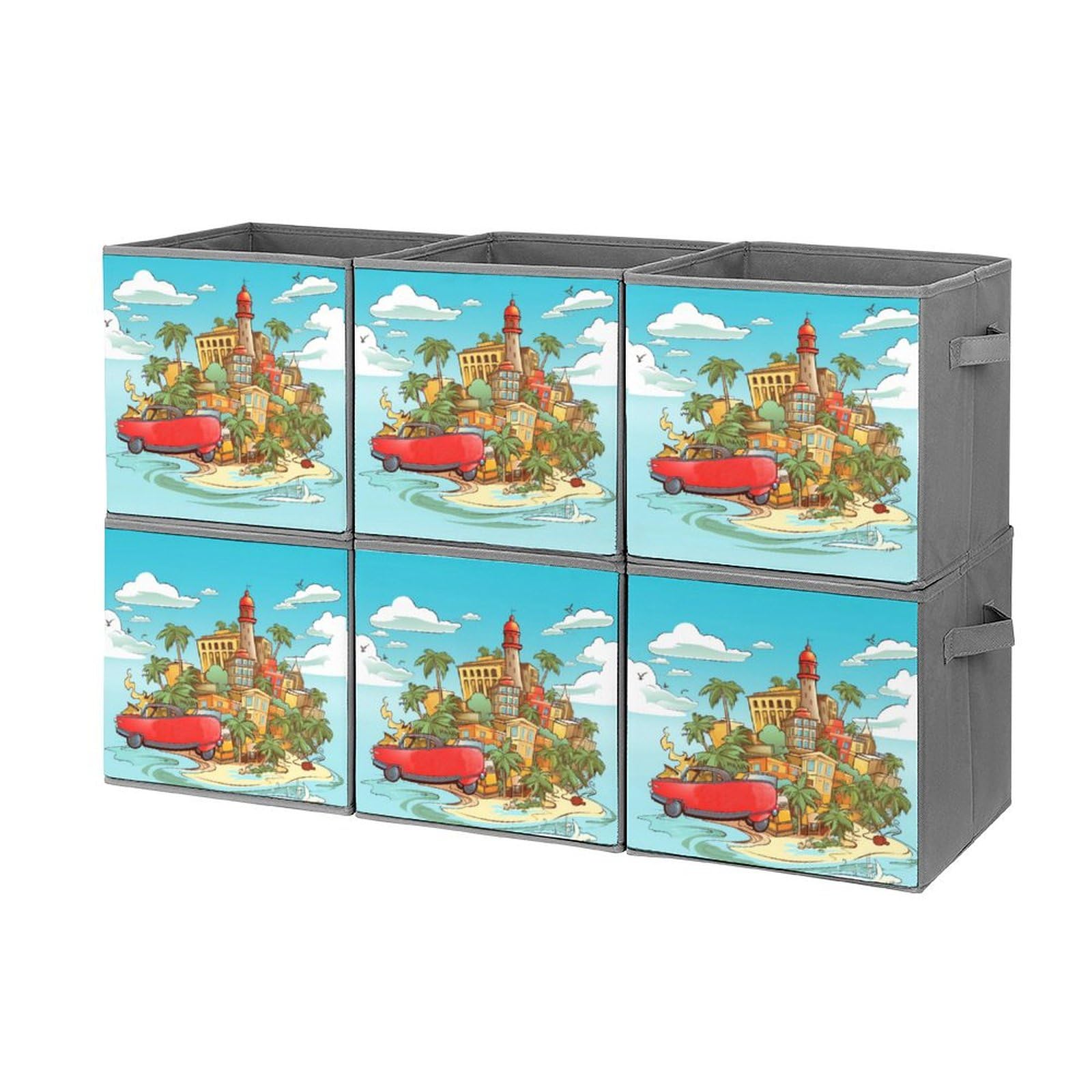 6-Pack Collapsible Storage Bins with Handles - Foldable Fabric Storage Baskets for Closet, Bedroom & Home Organization - Perfect for Clothes, Toys, Blankets & Household Items (Island of Cuba Design)