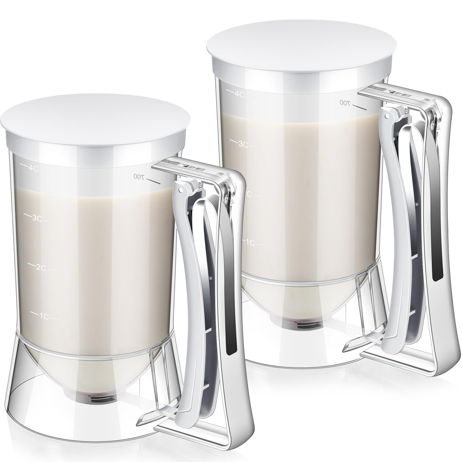 2-Piece Pancake & Cupcake Batter Dispenser with Squeeze Handle - 4-Cup Measuring Baking Tool for Griddle, Waffles, Cookies & Cakes - Perfect for Breakfast, Brunch & Party Food Prep (White)