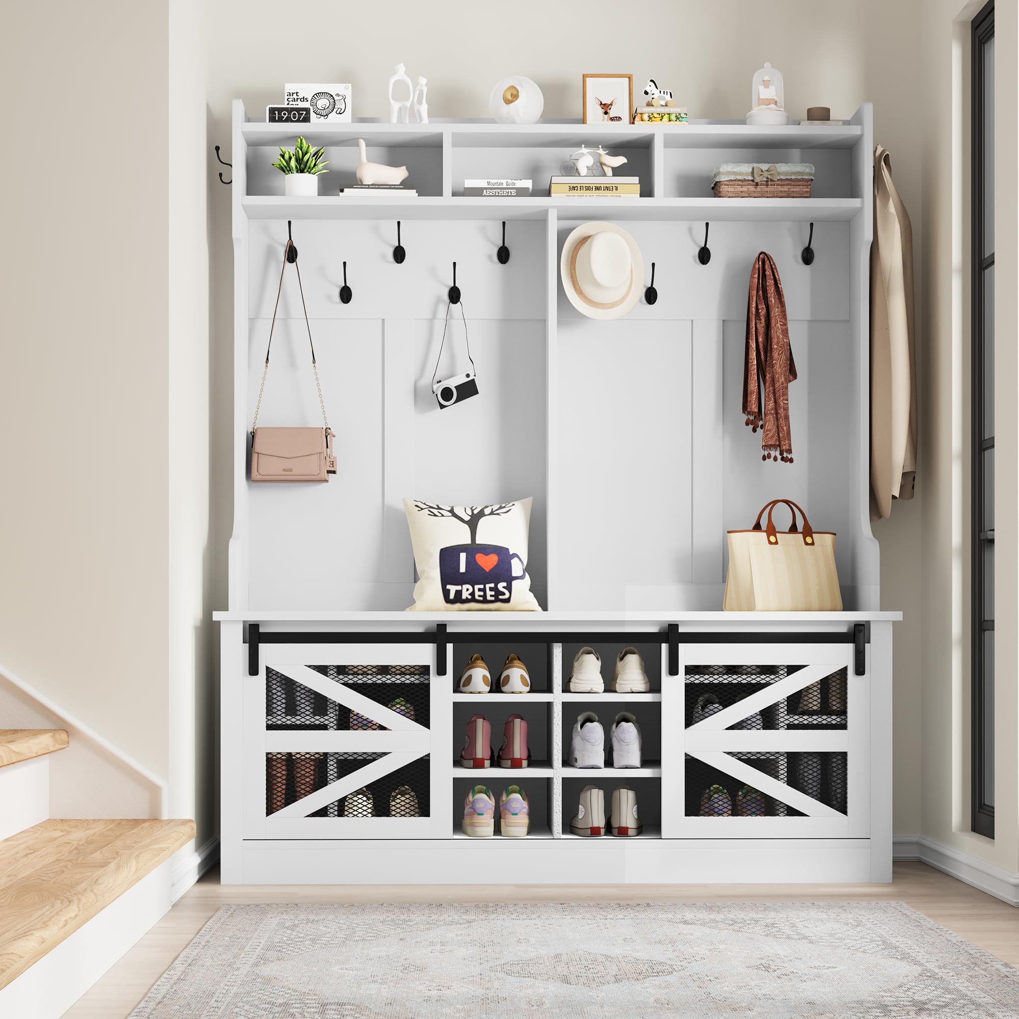 Farmhouse Entryway Hall Tree with Shoe Storage & Coat Rack - Freestanding Bench with 16 Shoe Cubbies & 12 Hooks - White Sliding Barn Door Organizer for Entryway, Mudroom, or Hallway - Perfect for Storing Shoes, Coats, and Accessories