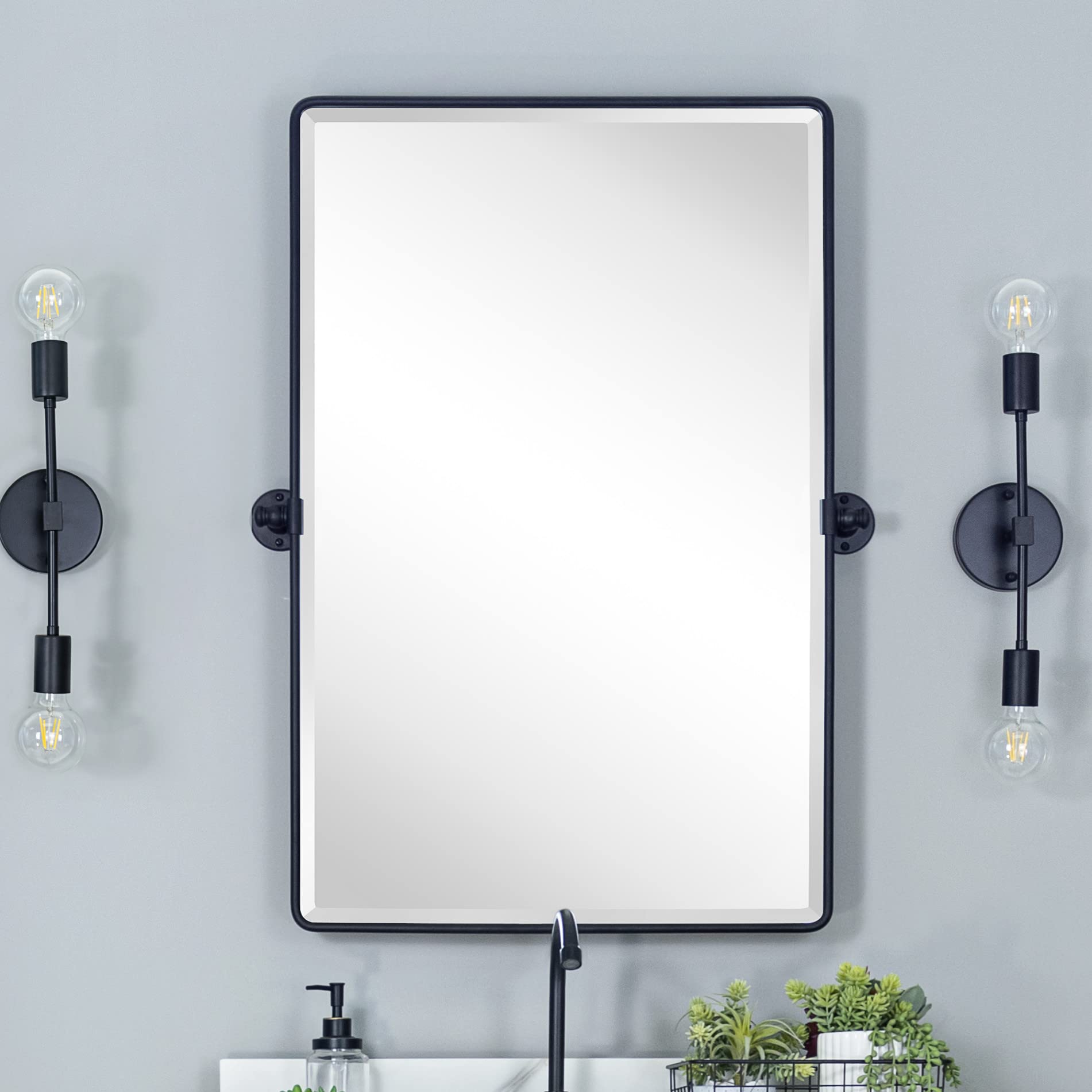 Farmhouse Pivot Rectangle Bathroom Mirror - 20x30 Inch Black Metal Framed Tilting Beveled Vanity Mirror for Wall Mount - Perfect for Bathroom, Bedroom, and Dressing Room Decor