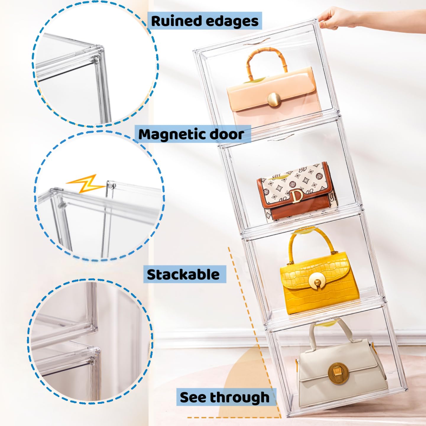 Attelite 4-Pack Clear Acrylic Purse Organizer with Magnetic Door - Plastic Handbag & Clutch Storage Case for Wallet, Books, Cosmetics | Perfect for Closet, Vanity & Retail Display Organization