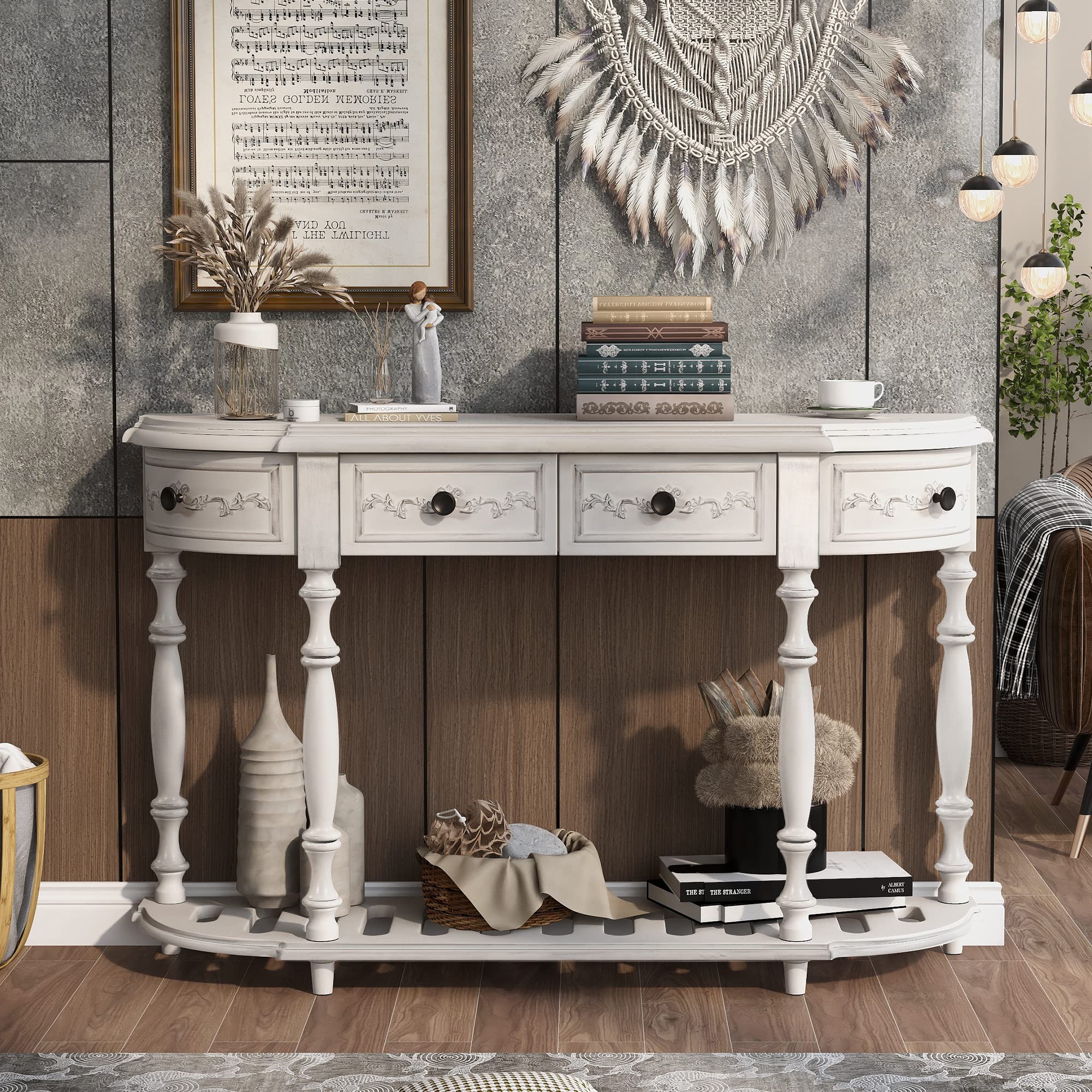 LUMISOL French Console Table - Modern Curved Sofa Table with 4 Drawers & Bottom Shelf, Entryway Hallway Table in Antique White | Perfect for Living Room, Bedroom, Foyer & Small Space Decor