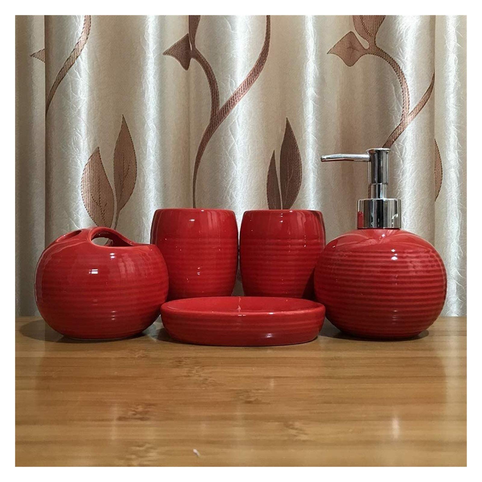 BUYT 5-Piece Ceramic Bathroom Soap Dispenser Set with Toothbrush Holder, Glass Cup, Soap Dish & Dispenser - Elegant Red - Perfect for Modern Bathrooms, Guest Rooms & Spa Decor